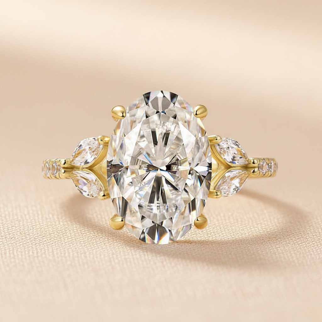 Gelovely Moissanite 4.0 Ct Oval and Angled Marquise Five Stone Engagement Ring