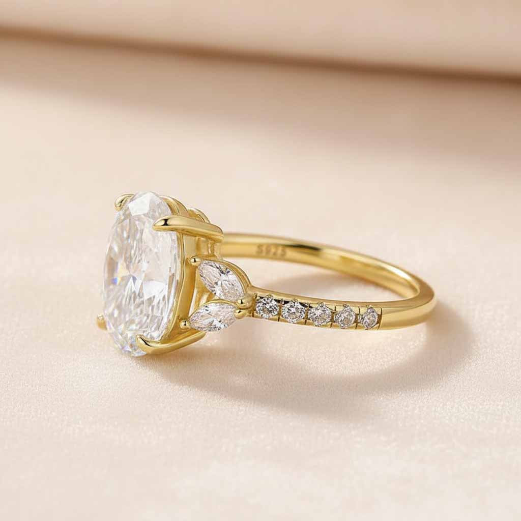 Gelovely Moissanite 4.0 Ct Oval and Angled Marquise Five Stone Engagement Ring