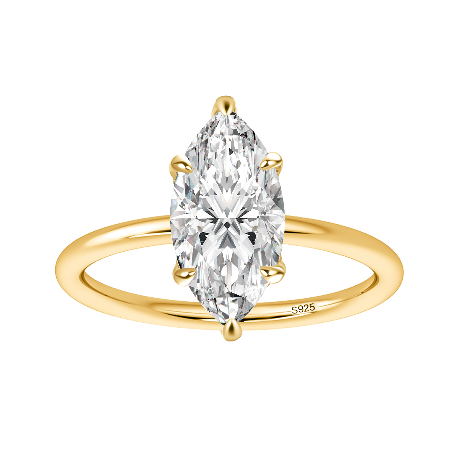 S925 Moissanite 2.0 Ct Marquise Cut Solitaire Yellow Gold Promise Ring For Women Everyday Wear
