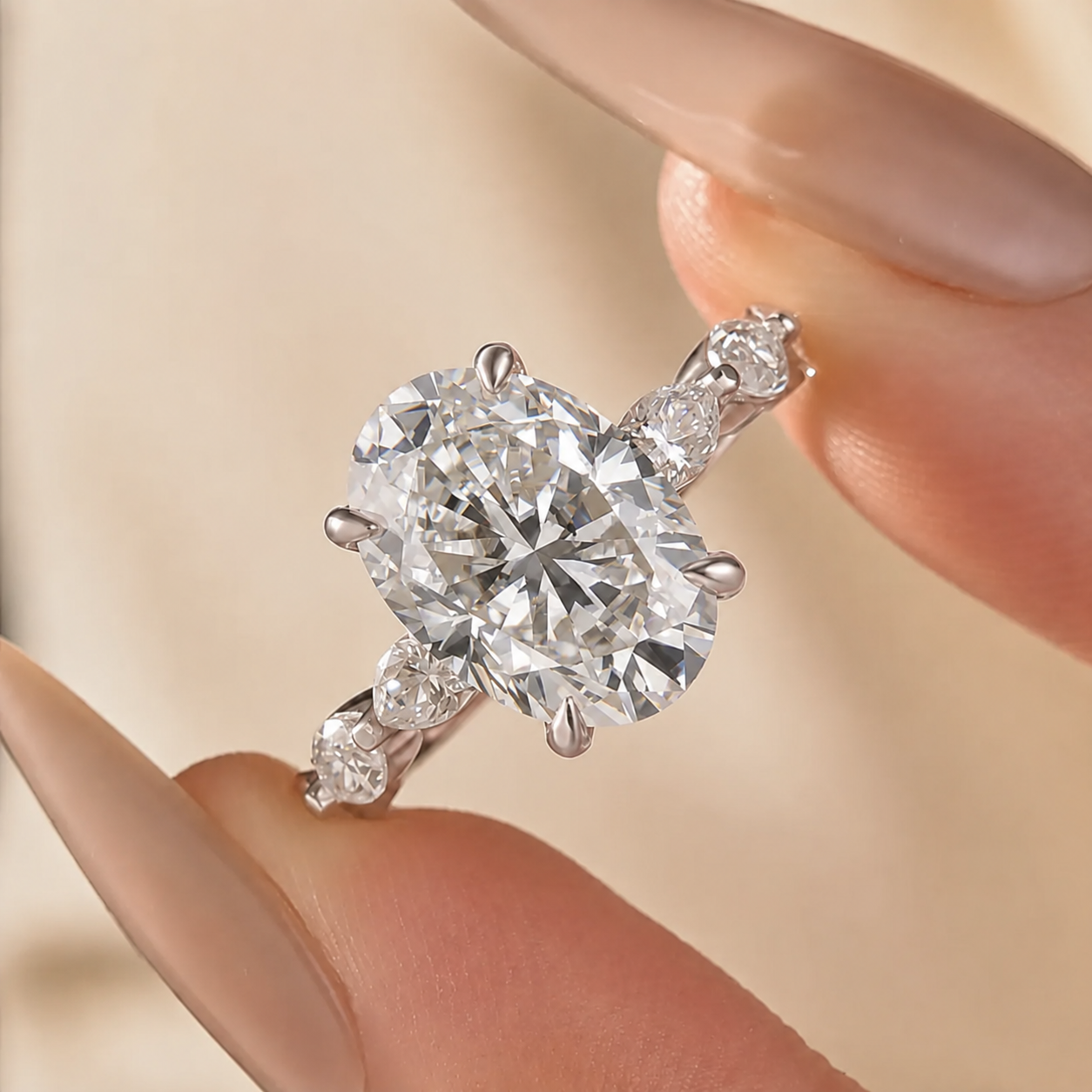 Moissanite 5.5Ct Oval Cut with 1.5Ct Side Stone Marquise Cut Engagement Ring in S925 Sterling Silver