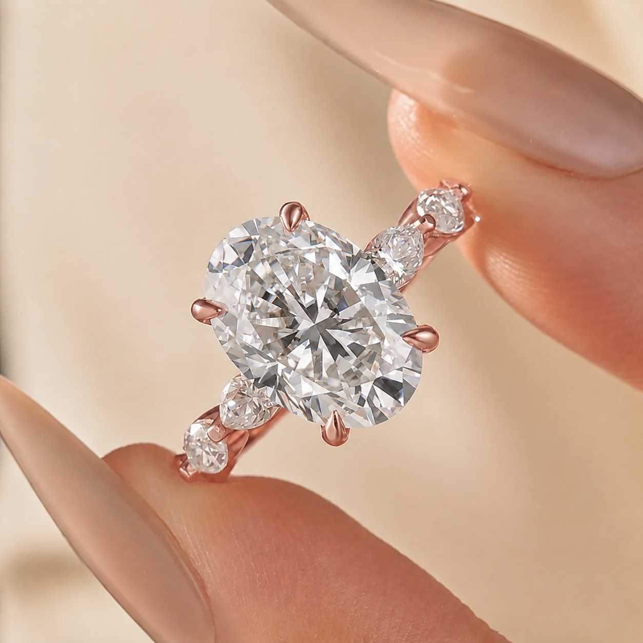 Moissanite 5.5Ct Oval Cut with 1.5Ct Side Stone Marquise Cut Engagement Ring in S925 Sterling Silver