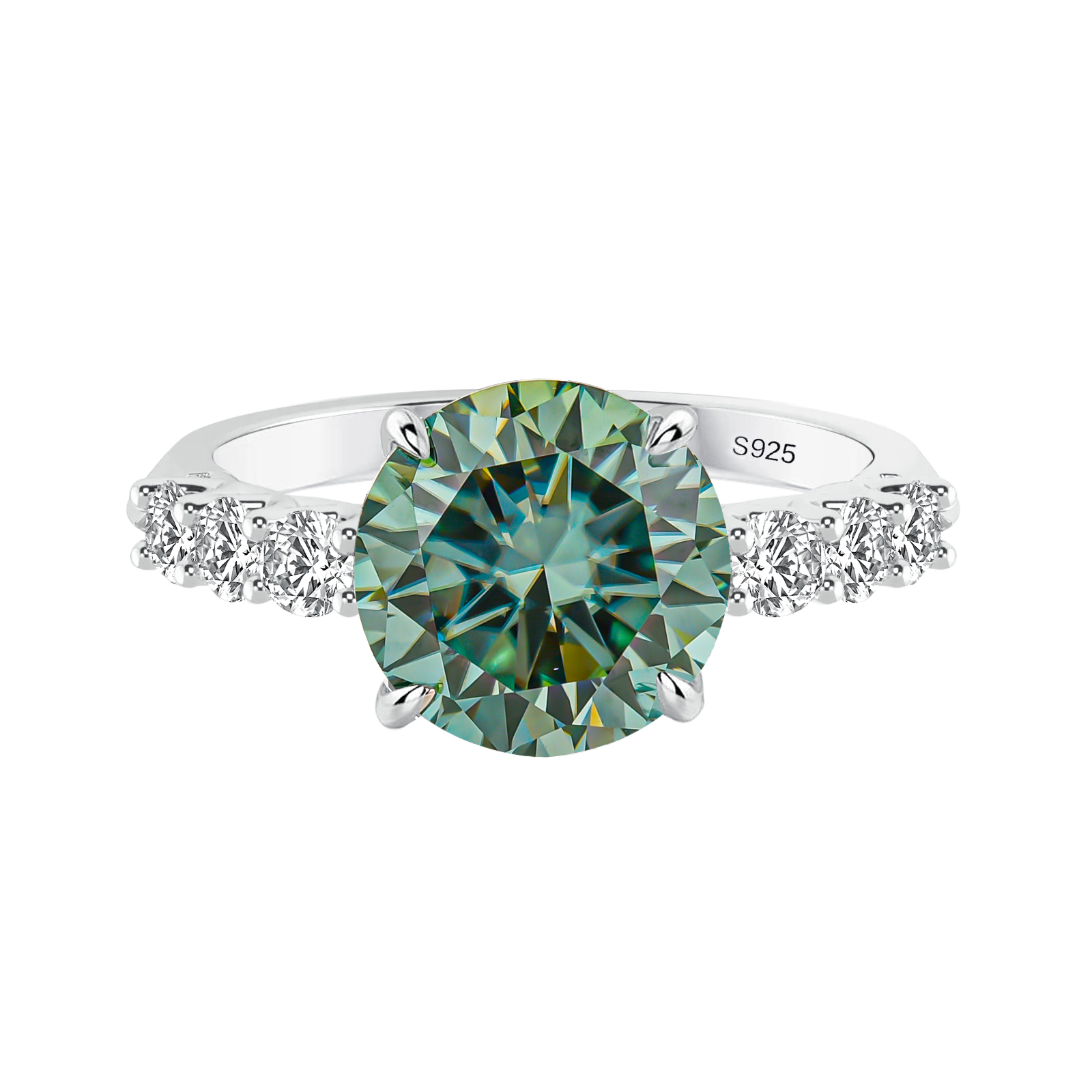 S925 Moissanite 4.0Ct Green/Blue Stone Round Cut 18K White Gold Engagement Ring