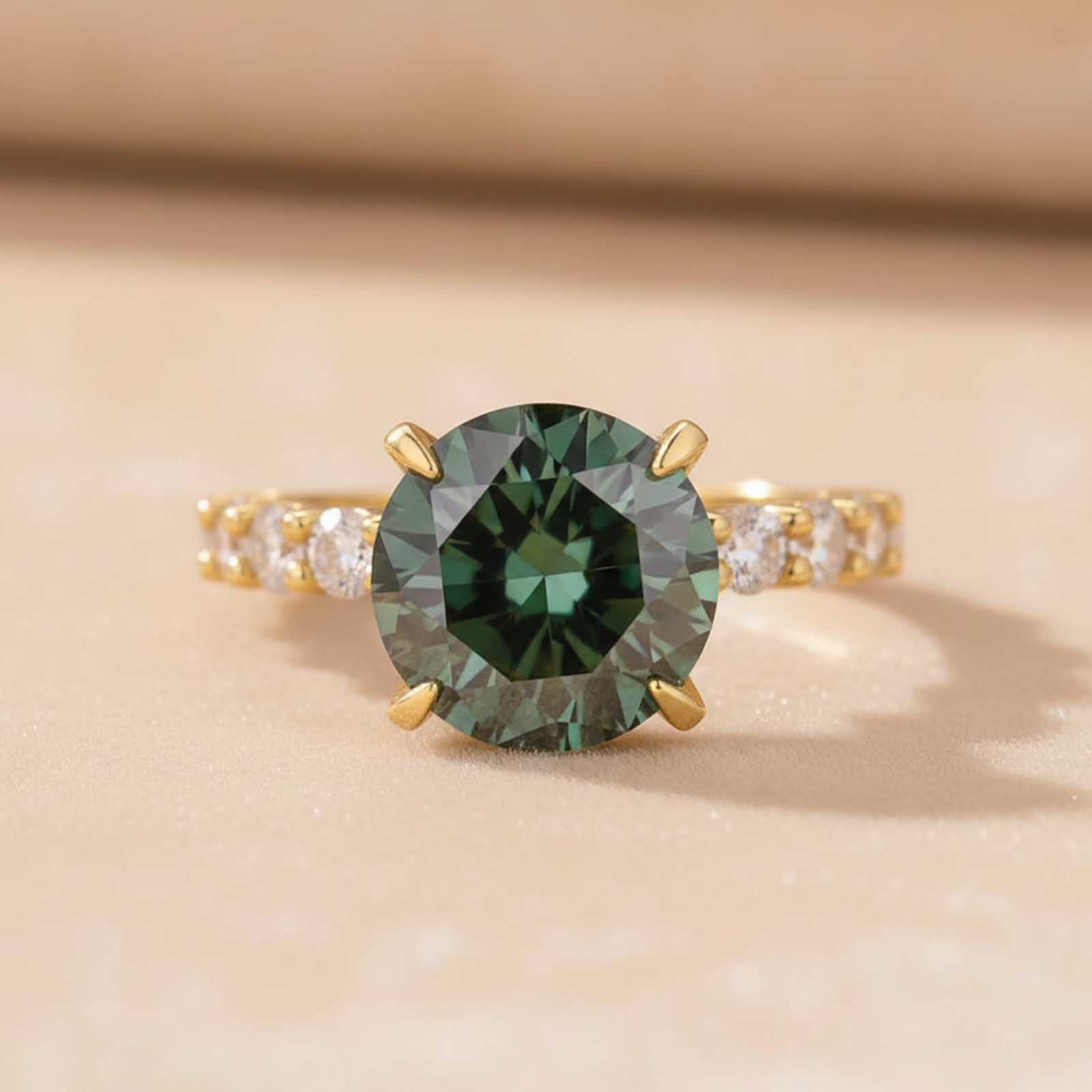 S925 Moissanite 4.0Ct Green Stone Round Cut Yellow Gold Engagement Ring