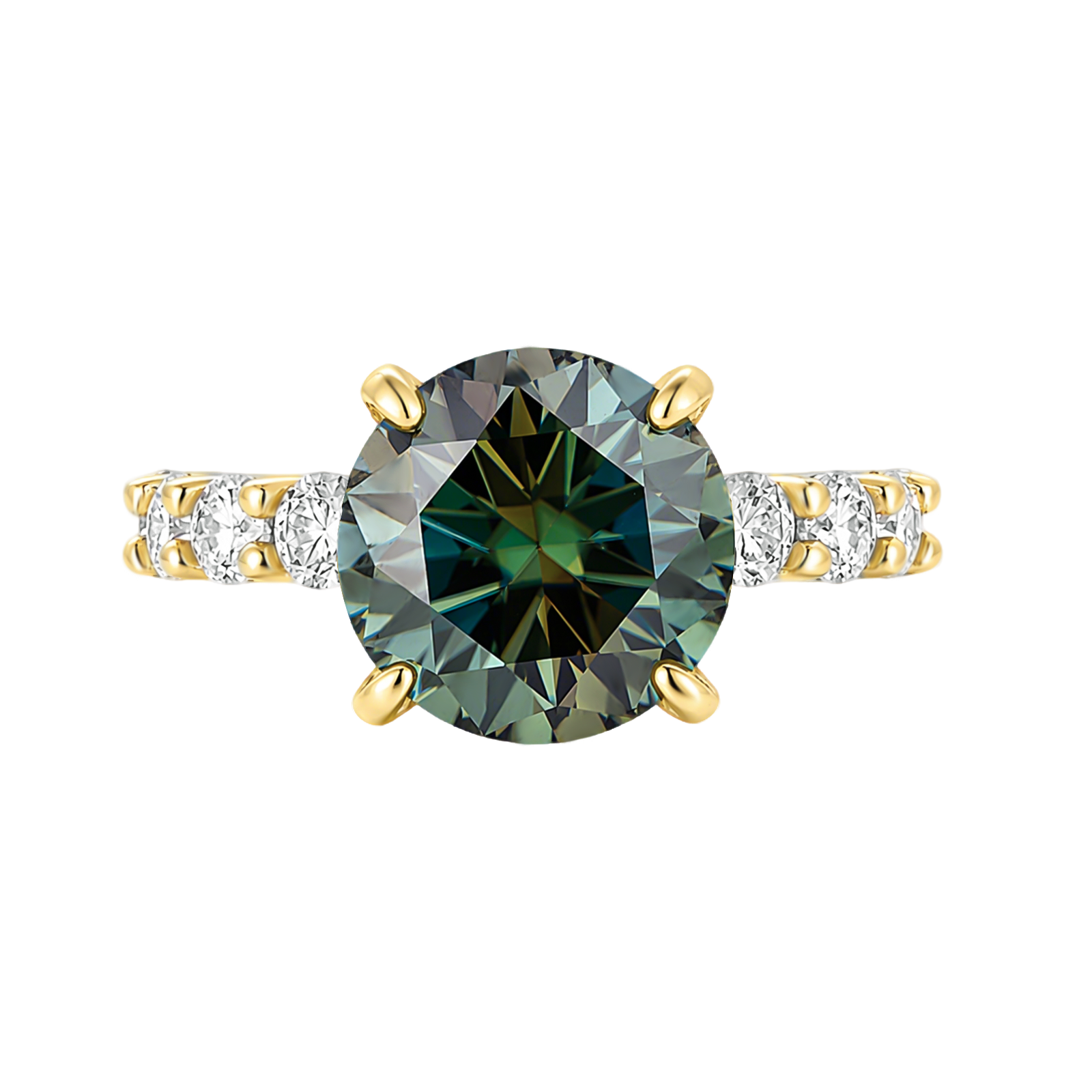 S925 Moissanite 4.0Ct Green Stone Round Cut Yellow Gold Engagement Ring