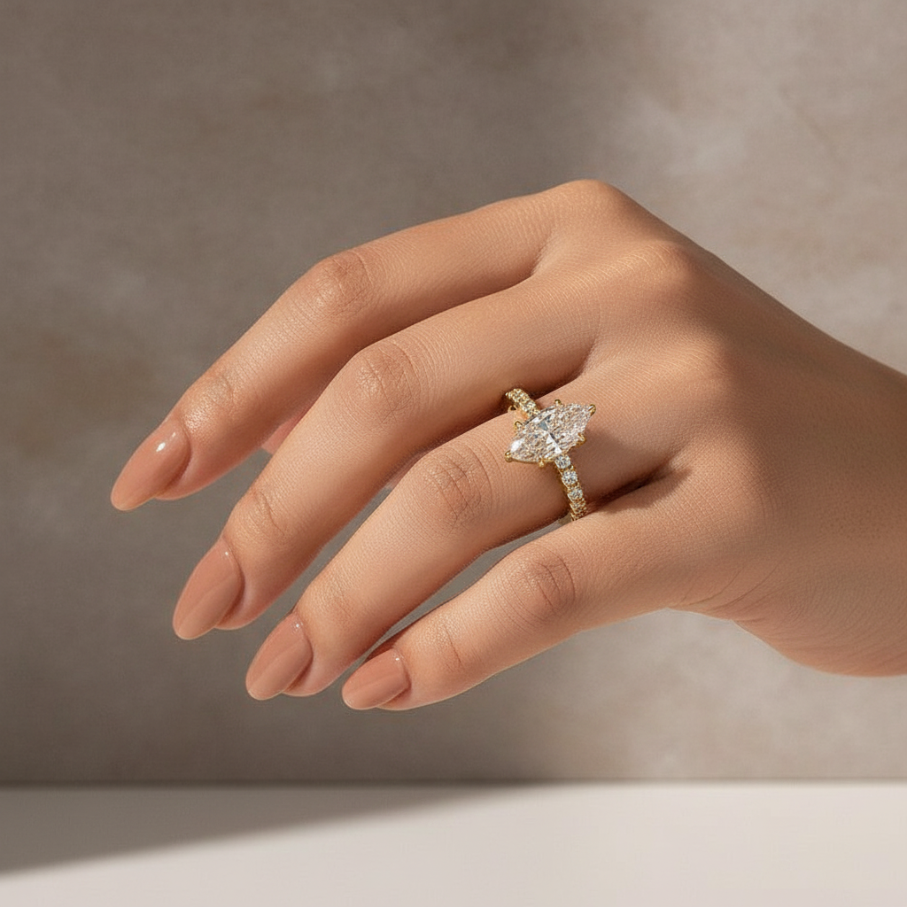 Moissanite 3.0 Ct Marquise Cut Side Stone Yellow Gold Engagement Ring