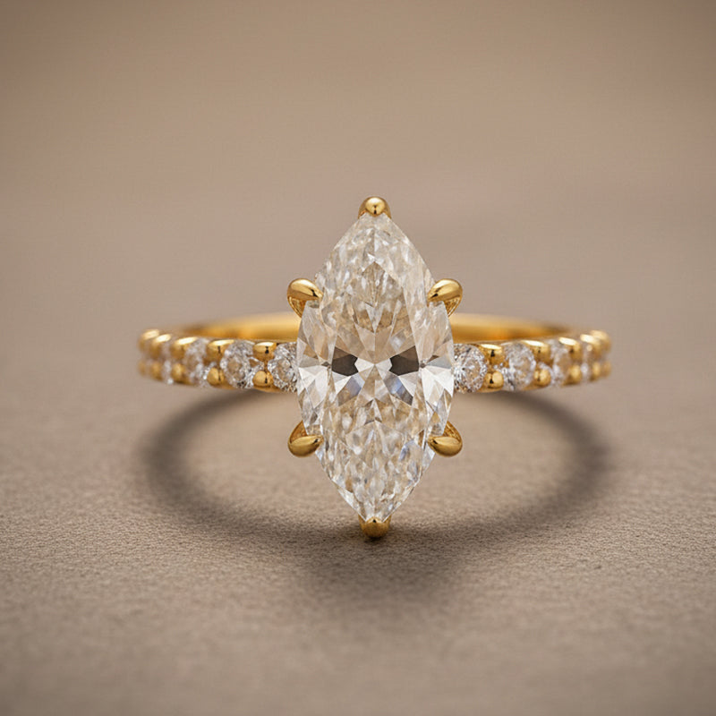 Moissanite 3.0 Ct Marquise Cut Side Stone Yellow Gold Engagement Ring