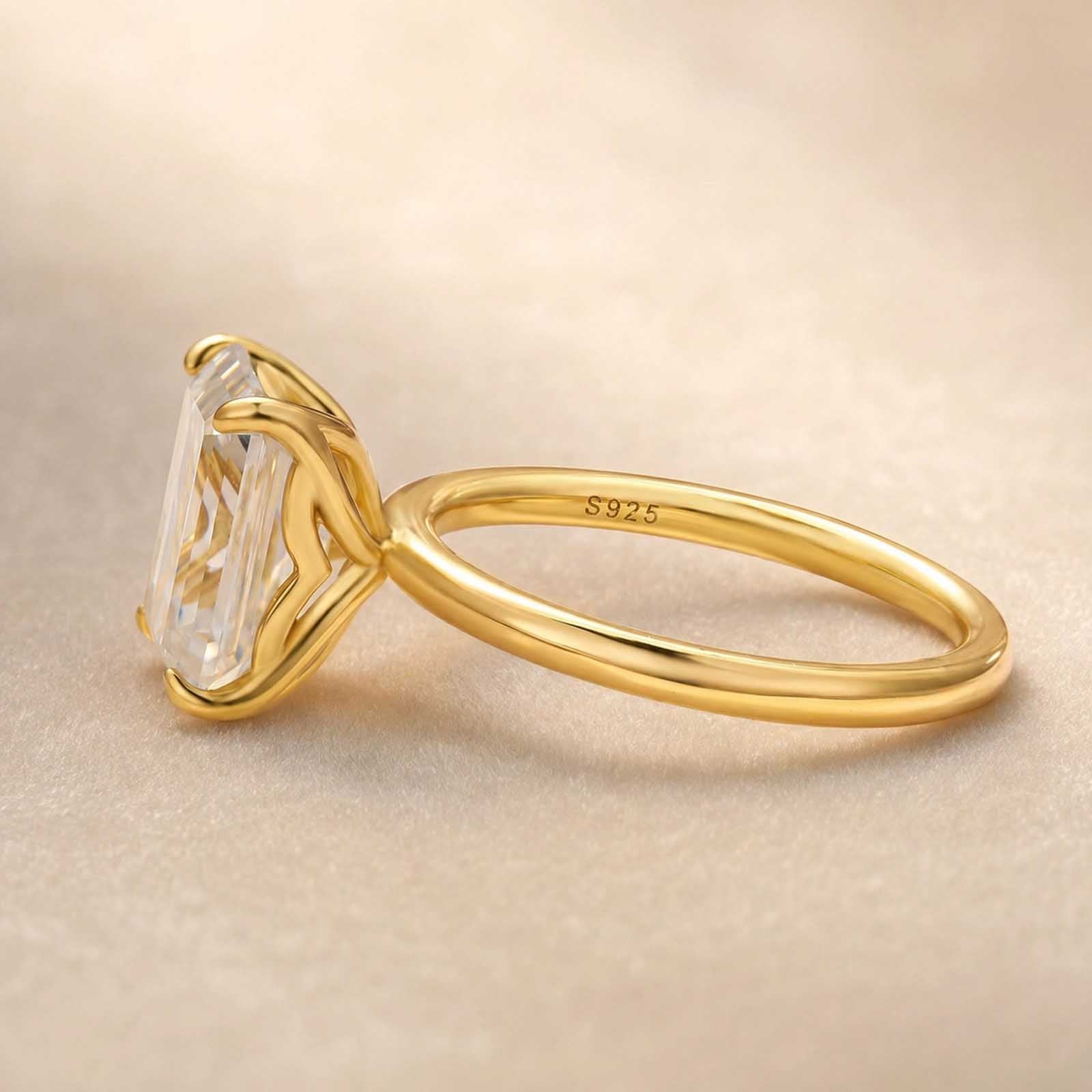 S925 Moissanite 3.5Ct Emerald Cut Solitaire Ring In 18K Yellow Gold Plated Sterling Silver