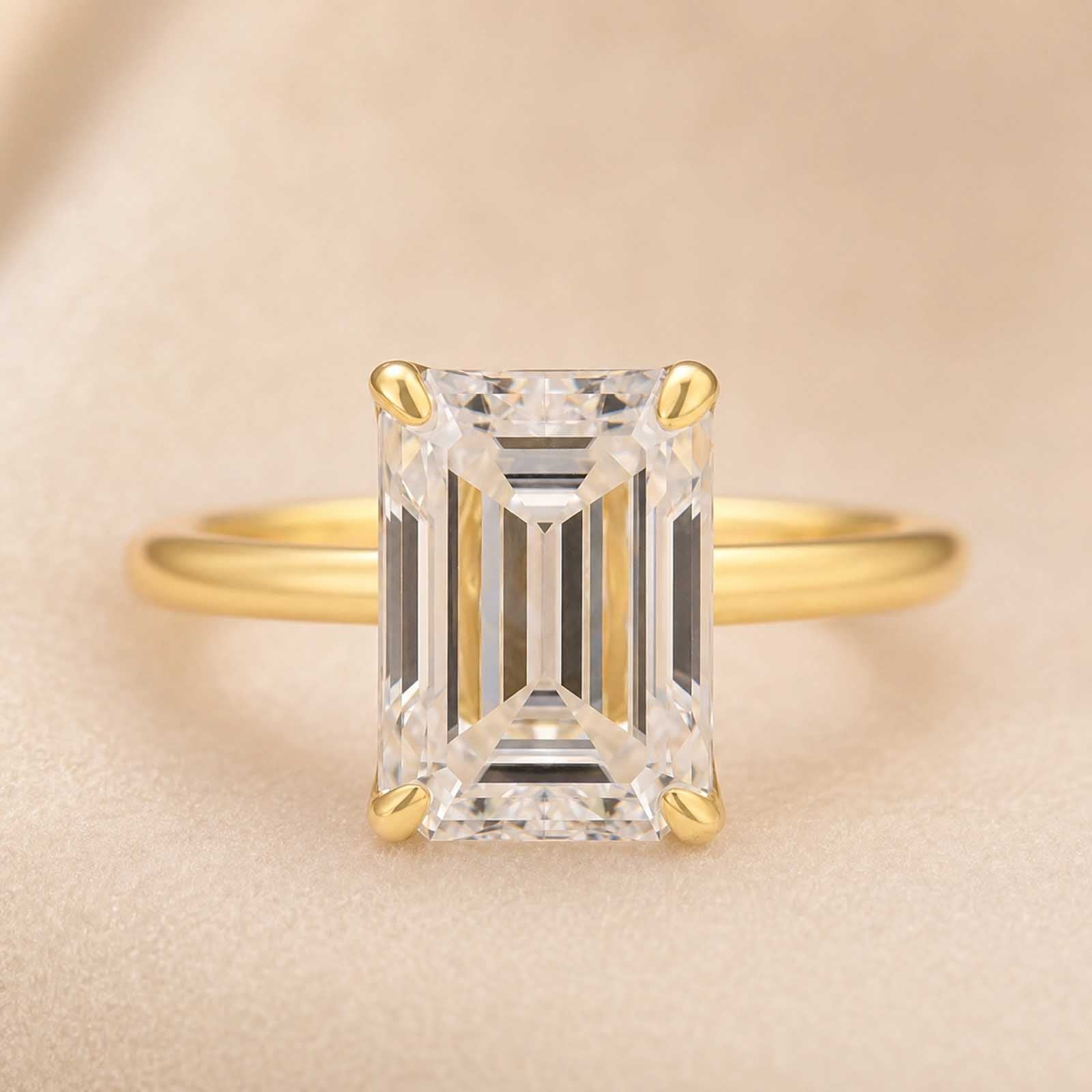 S925 Moissanite 3.5Ct Emerald Cut Solitaire Ring In 18K Yellow Gold Plated Sterling Silver