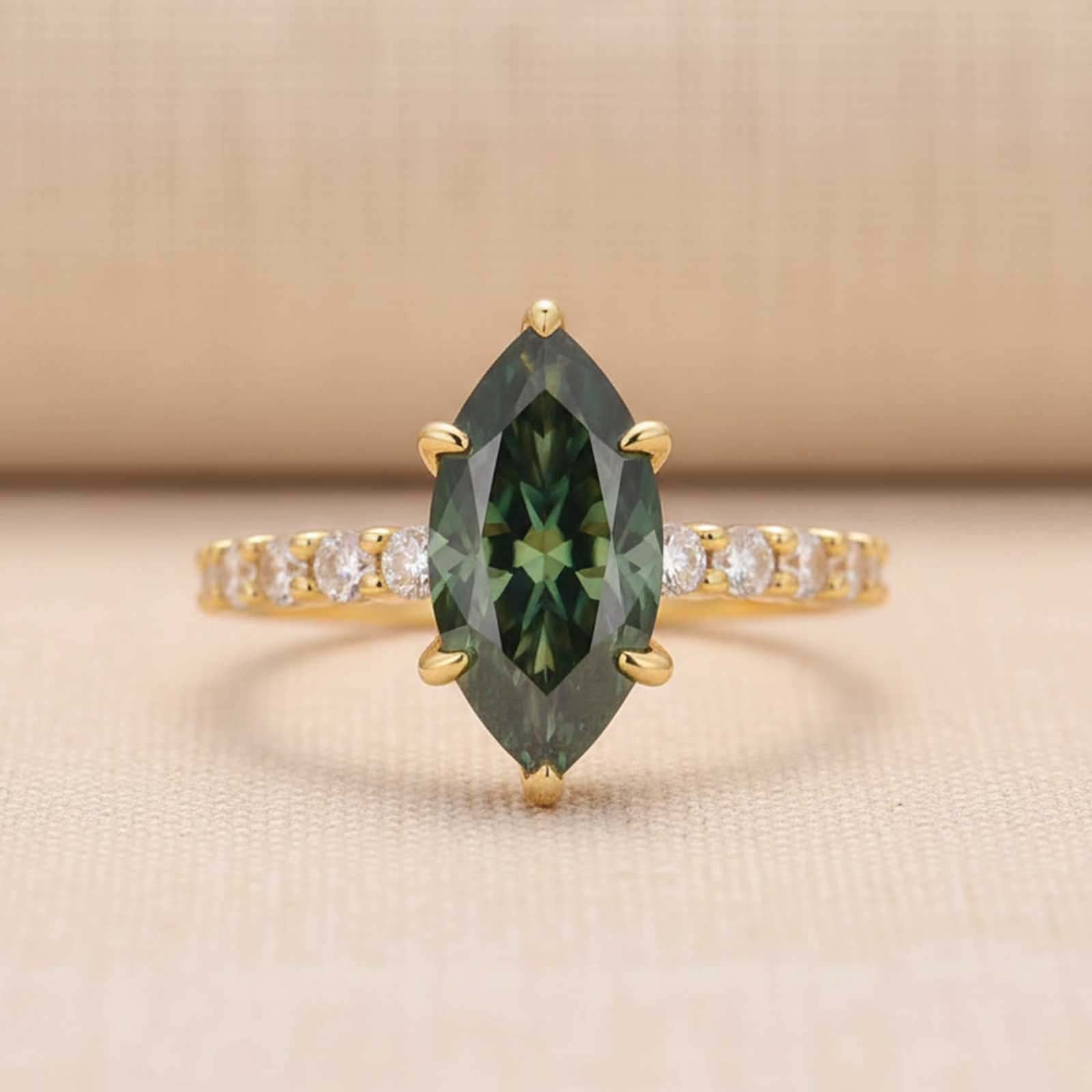 S925 Moissanite 3.0 Ct Marquise Cut Green/White Stone Yellow Gold Plated Engagement Ring