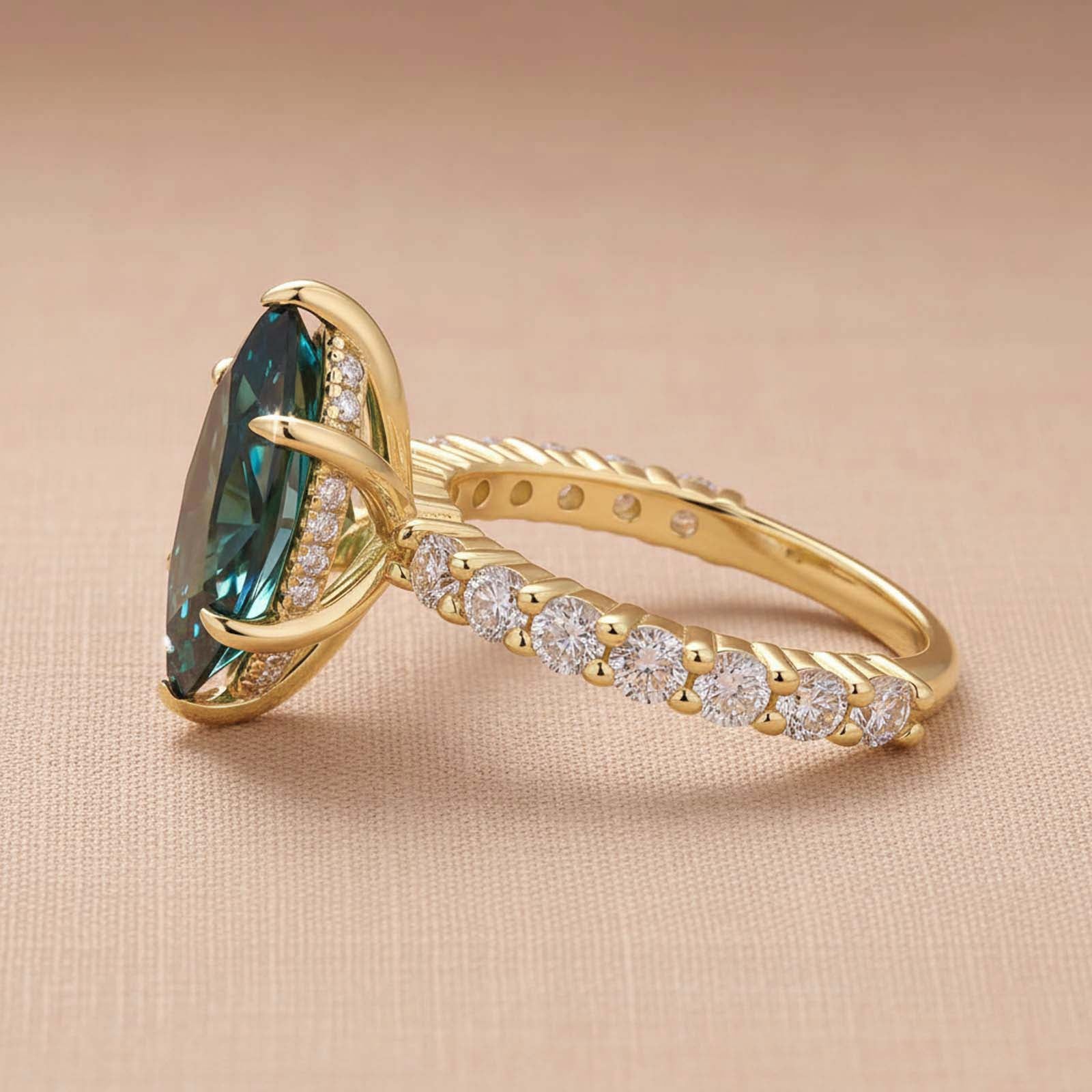 S925 Moissanite 3.0 Ct Marquise Cut Green/White Stone Yellow Gold Plated Engagement Ring