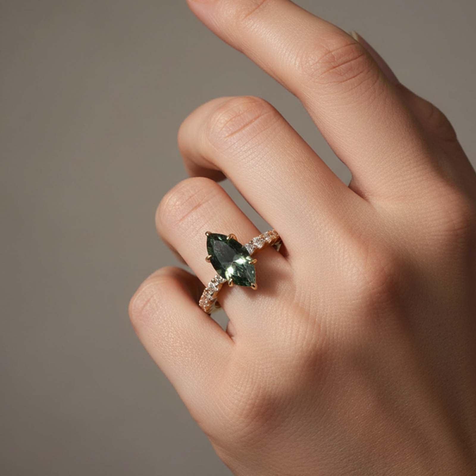 S925 Moissanite 3.0 Ct Marquise Cut Green/White Stone Yellow Gold Plated Engagement Ring