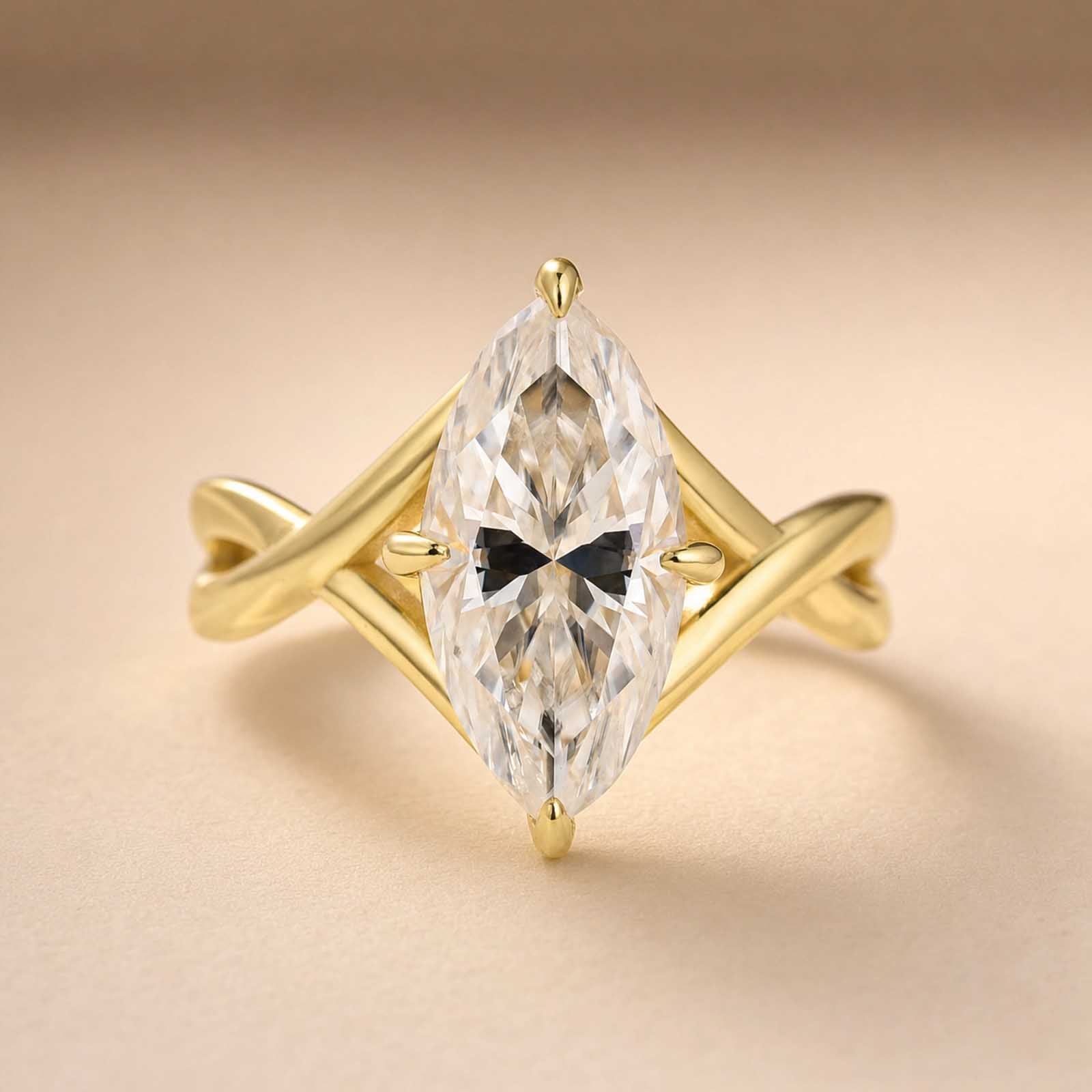 S925 Moissanite Twist 3.0Ct Marquise Cut Yellow Gold Engagement Ring