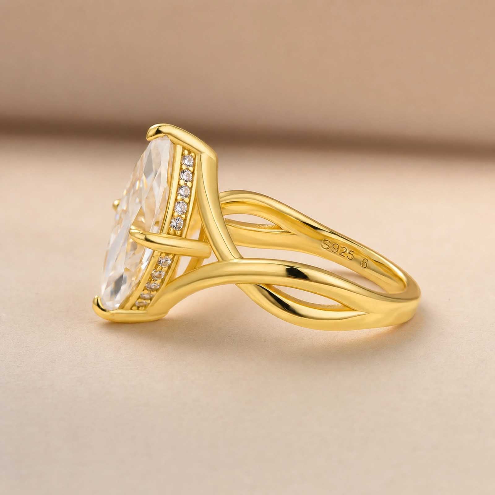S925 Moissanite Twist 3.0Ct Marquise Cut Yellow Gold Engagement Ring