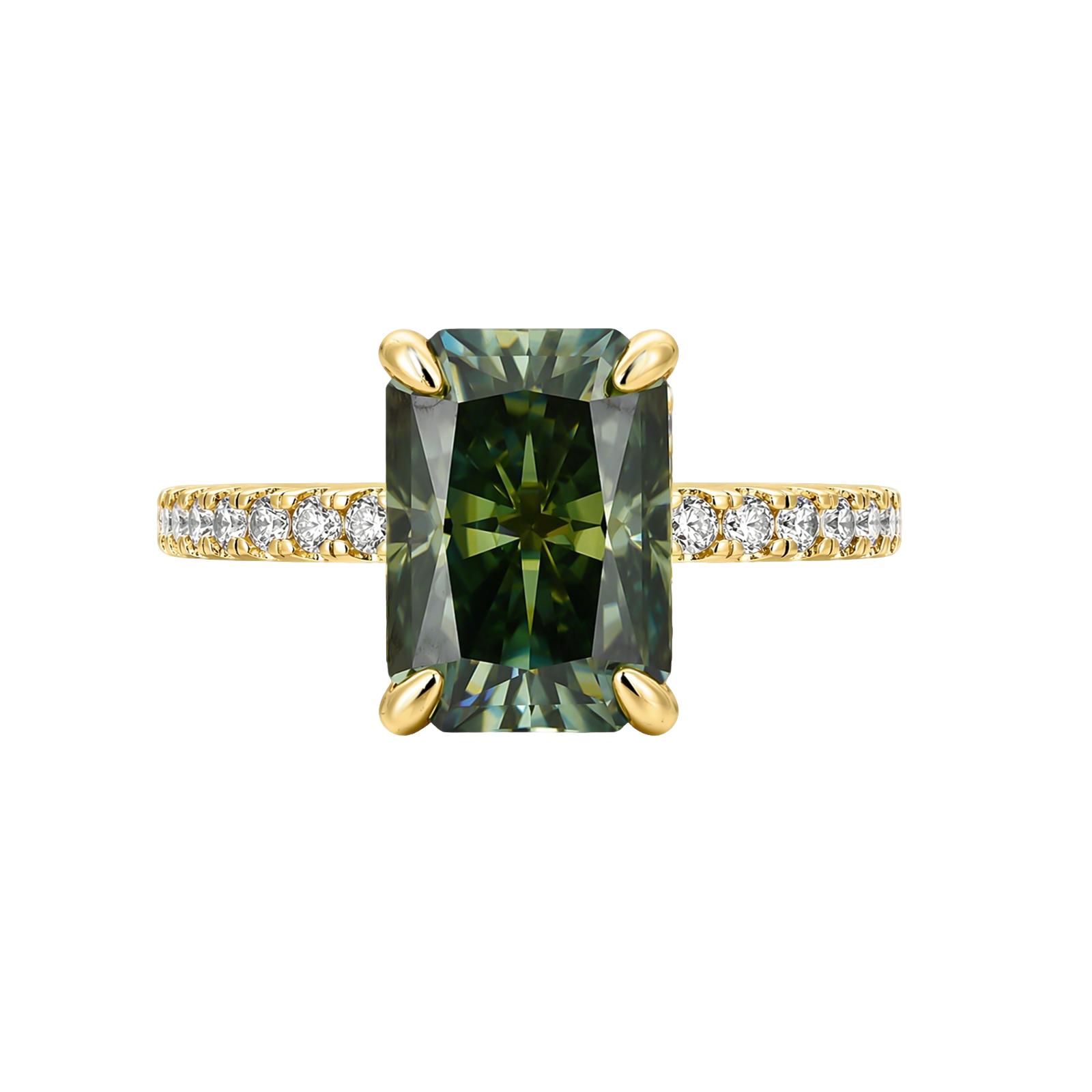 S925 Green Moissanite 3.5Ct Radiant Cut Yellow Gold Engagement Ring For Women