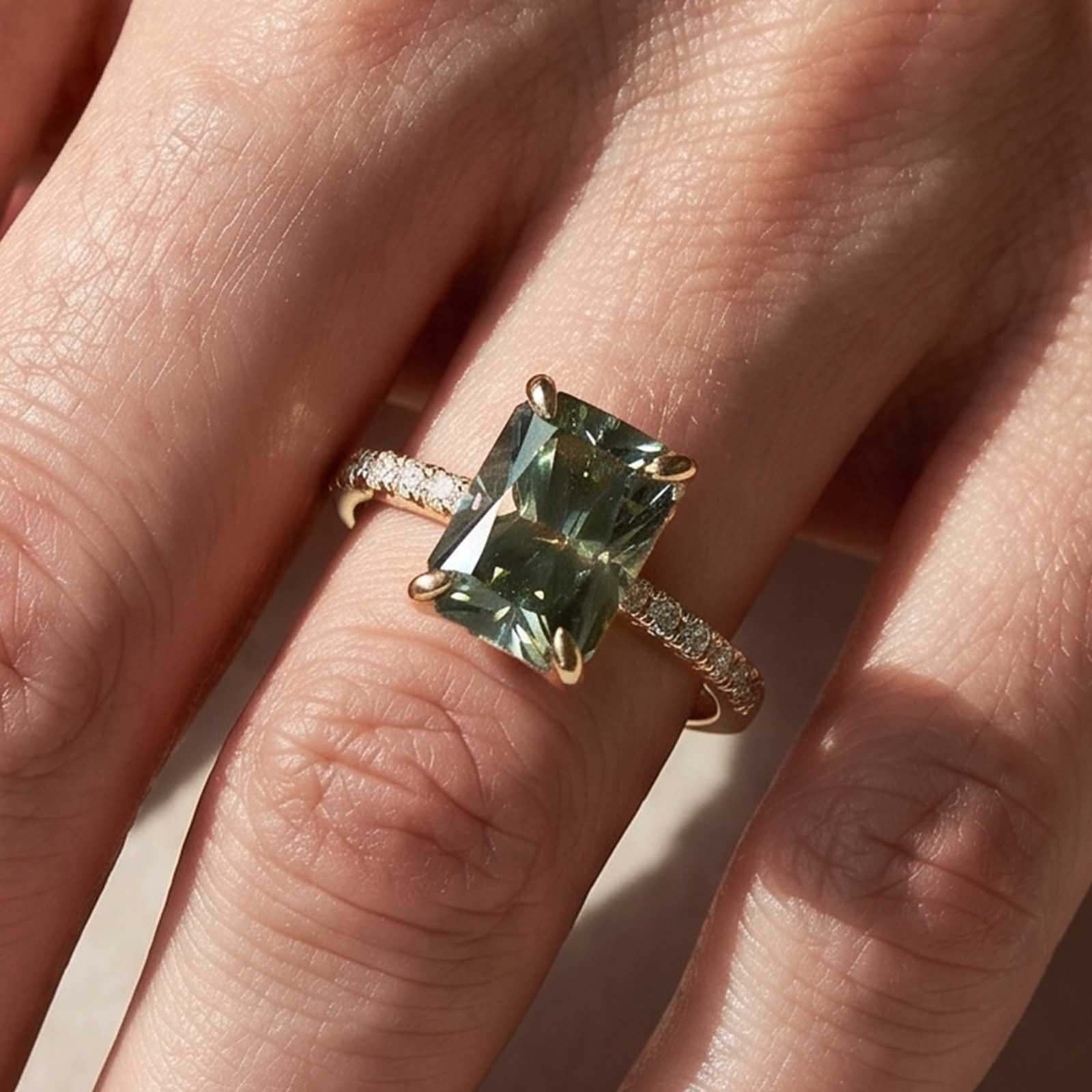 S925 Green Moissanite 3.5Ct Radiant Cut Yellow Gold Engagement Ring For Women