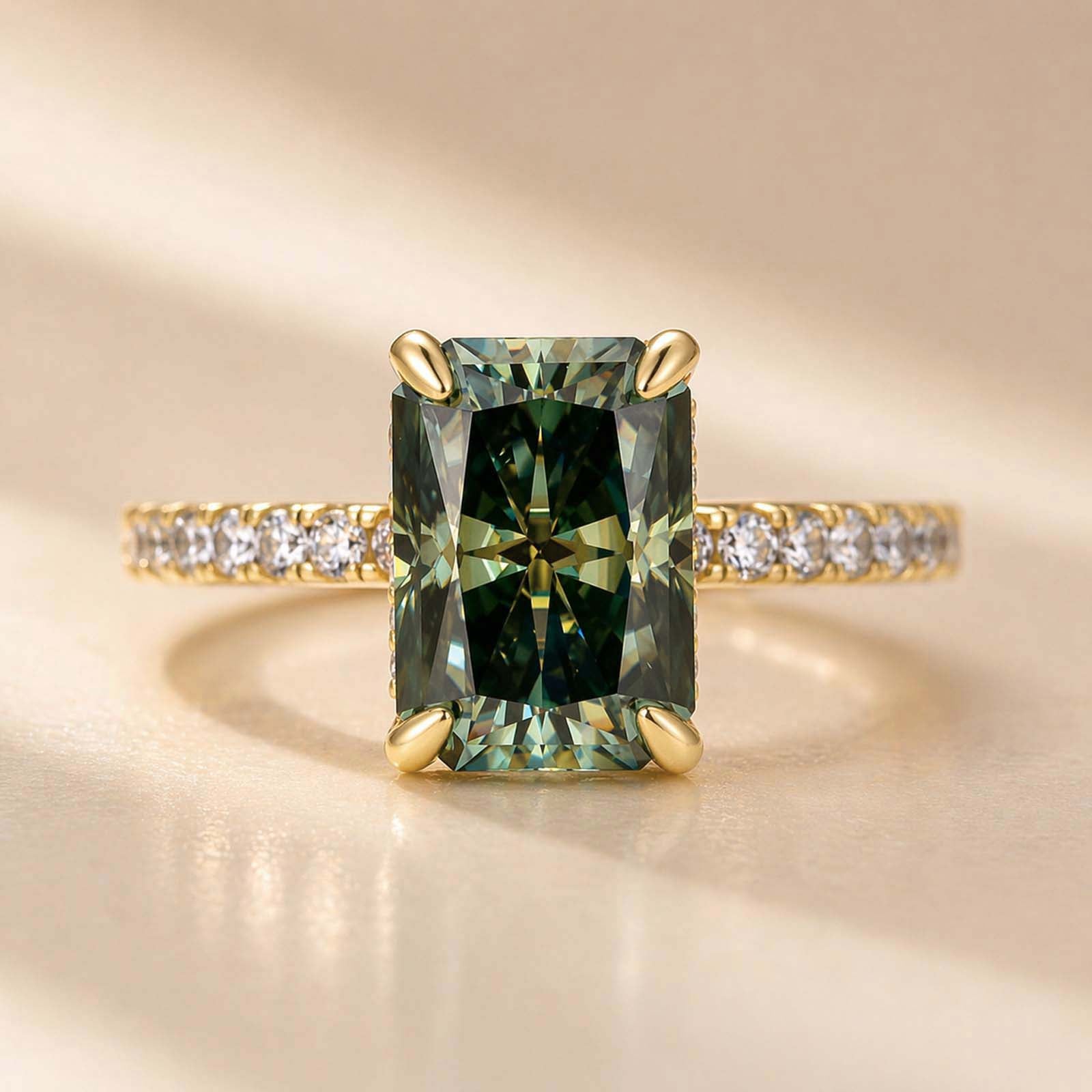 S925 Green Moissanite 3.5Ct Radiant Cut Yellow Gold Engagement Ring For Women