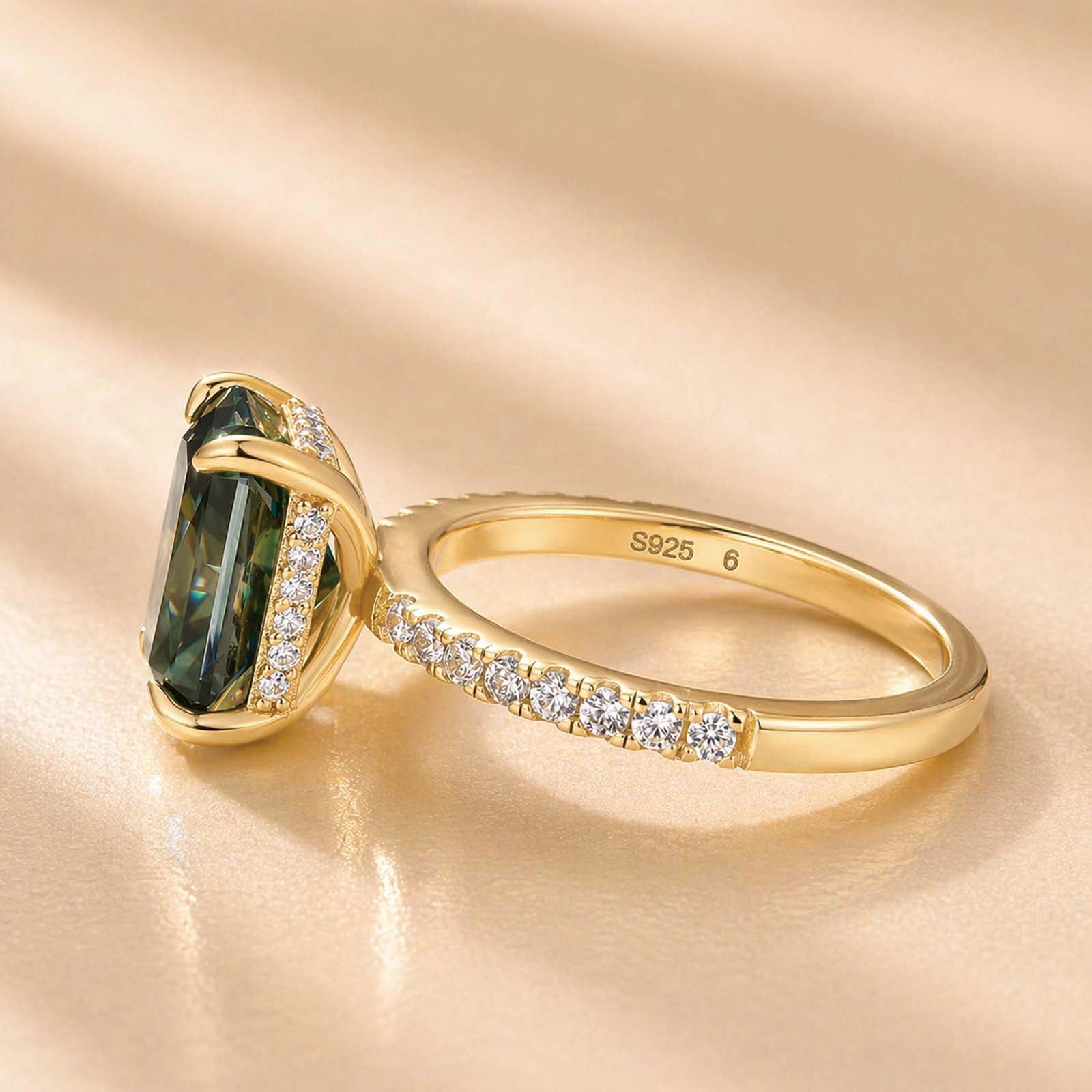 S925 Green Moissanite 3.5Ct Radiant Cut Yellow Gold Engagement Ring For Women