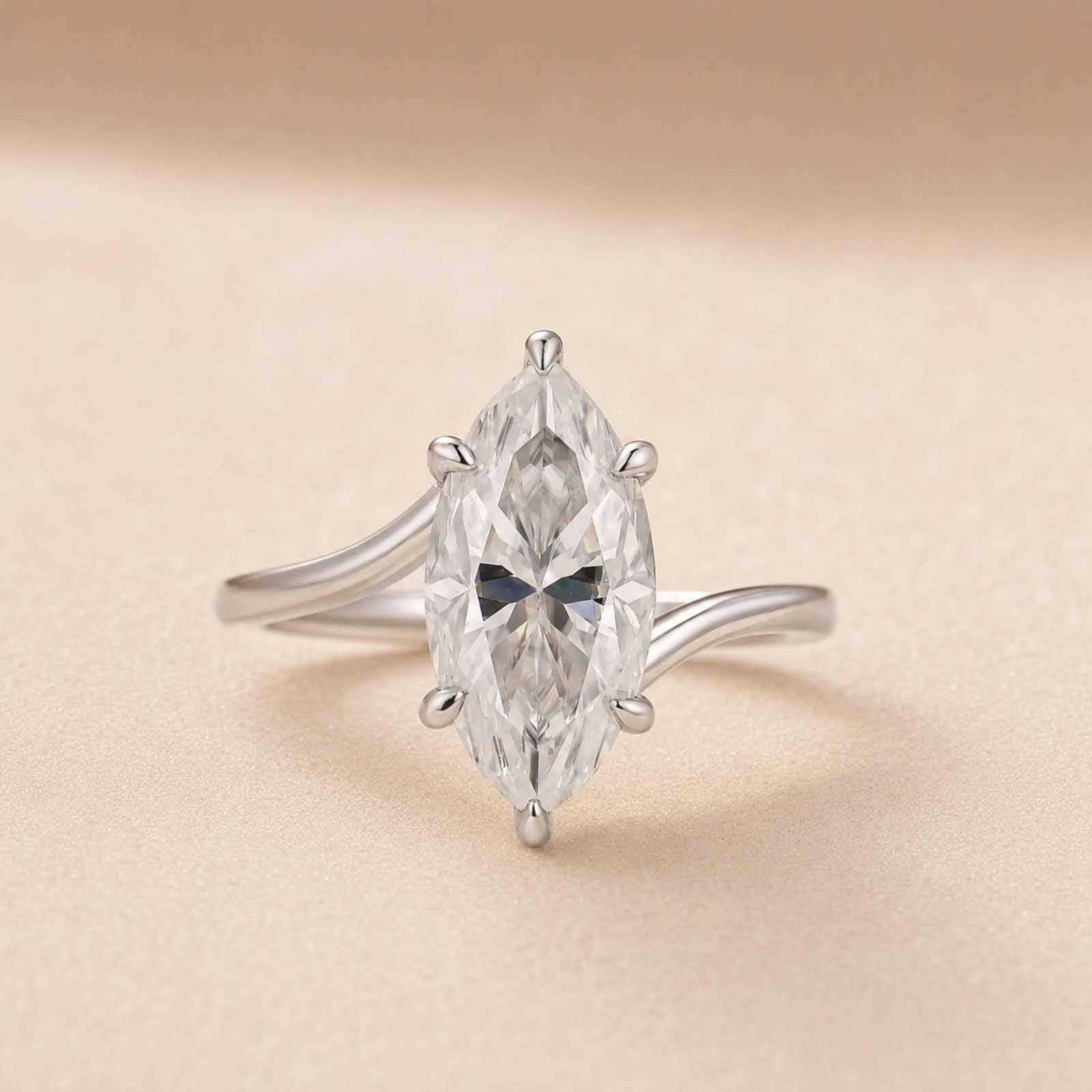 S925 Moissanite Curved 3.0Ct Marquise Cut White Gold Engagement Ring