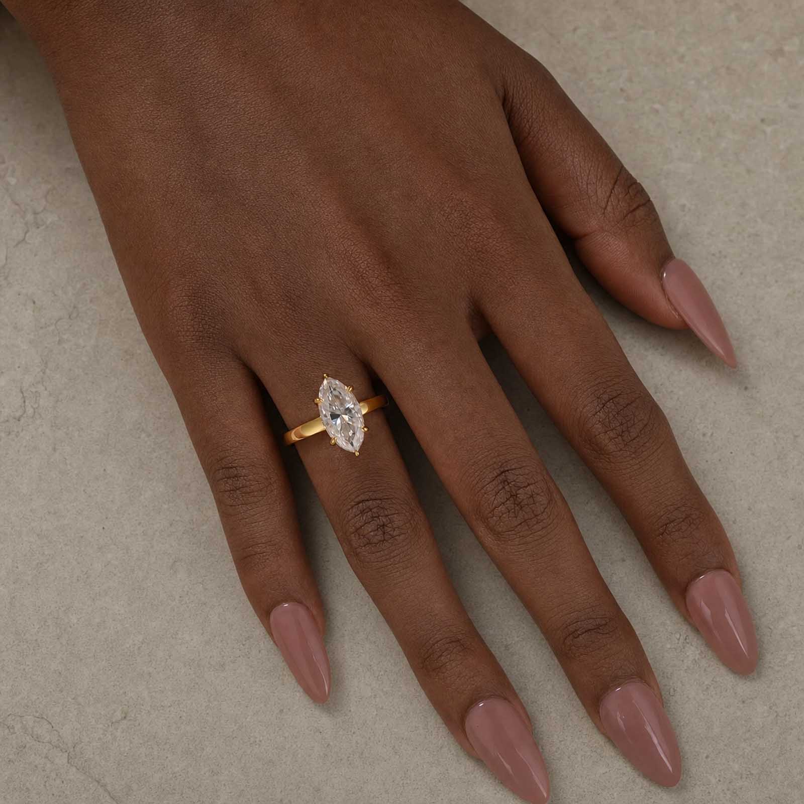 S925 Moissanite Solitaire 3.0Ct Marquise Cut Yellow Gold Engagement Ring