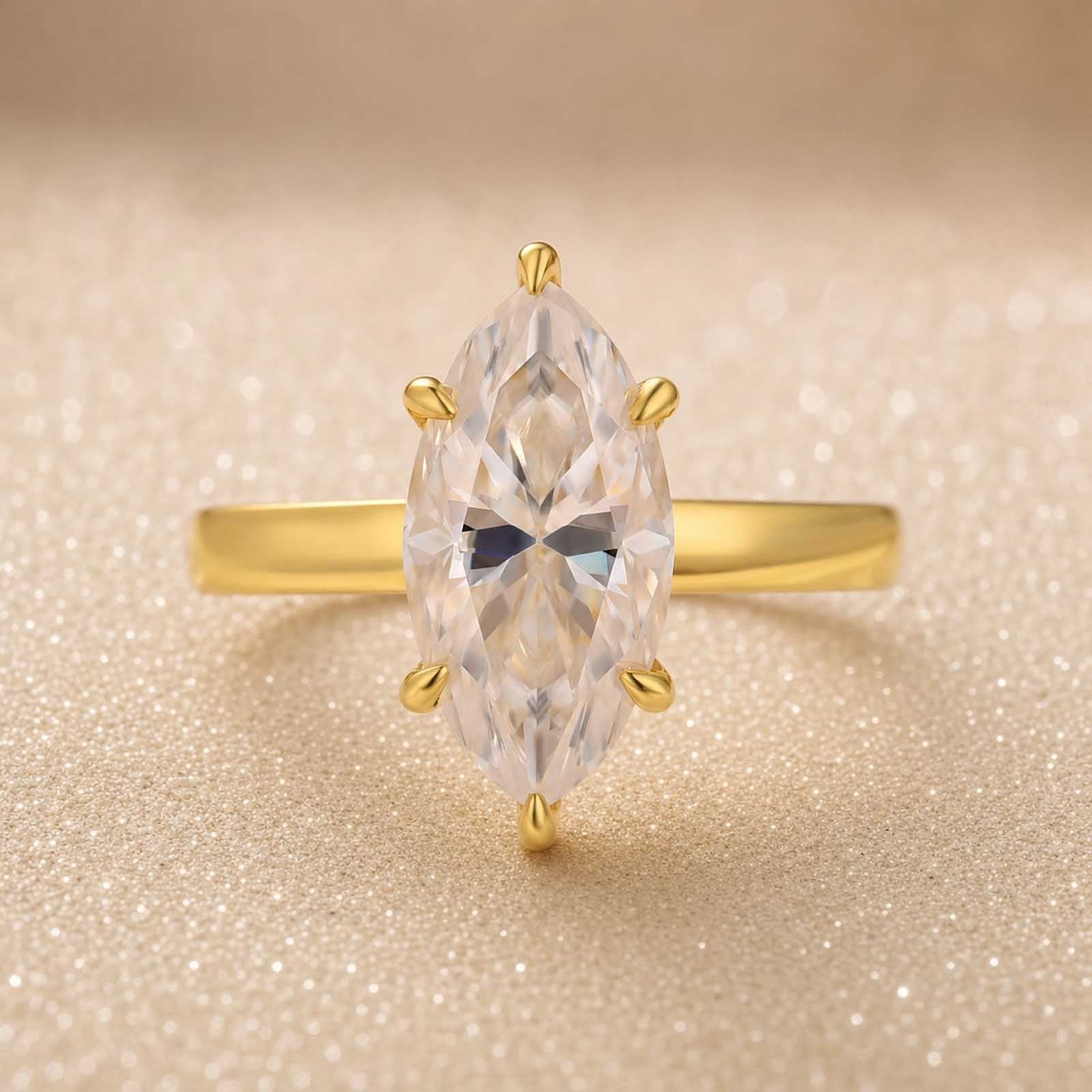 S925 Moissanite Solitaire 3.0Ct Marquise Cut Yellow Gold Engagement Ring