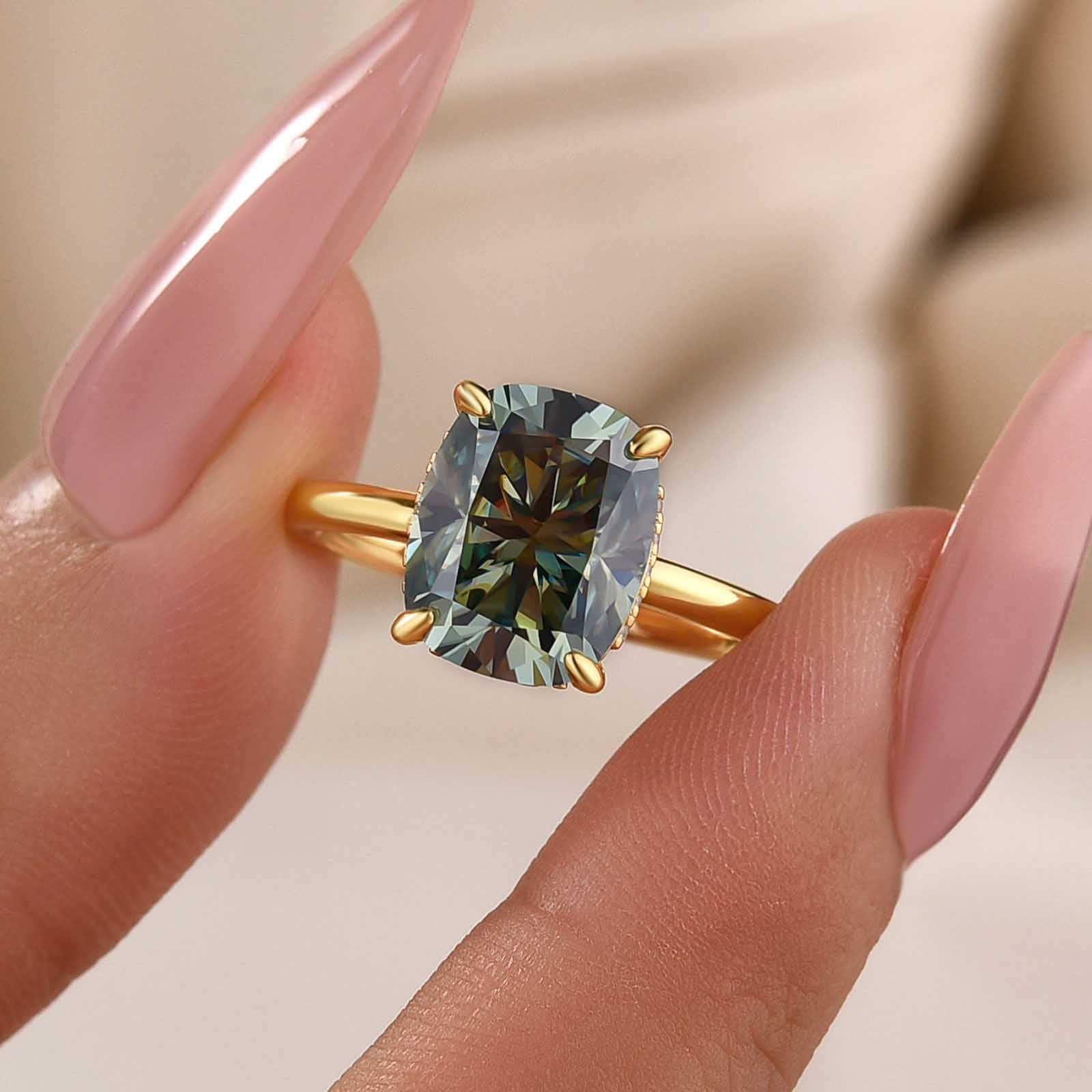 S925 Moissanite 3.5Ct Cushion Cut Hidden Halo Green Stone Engagement Ring For Date Nights