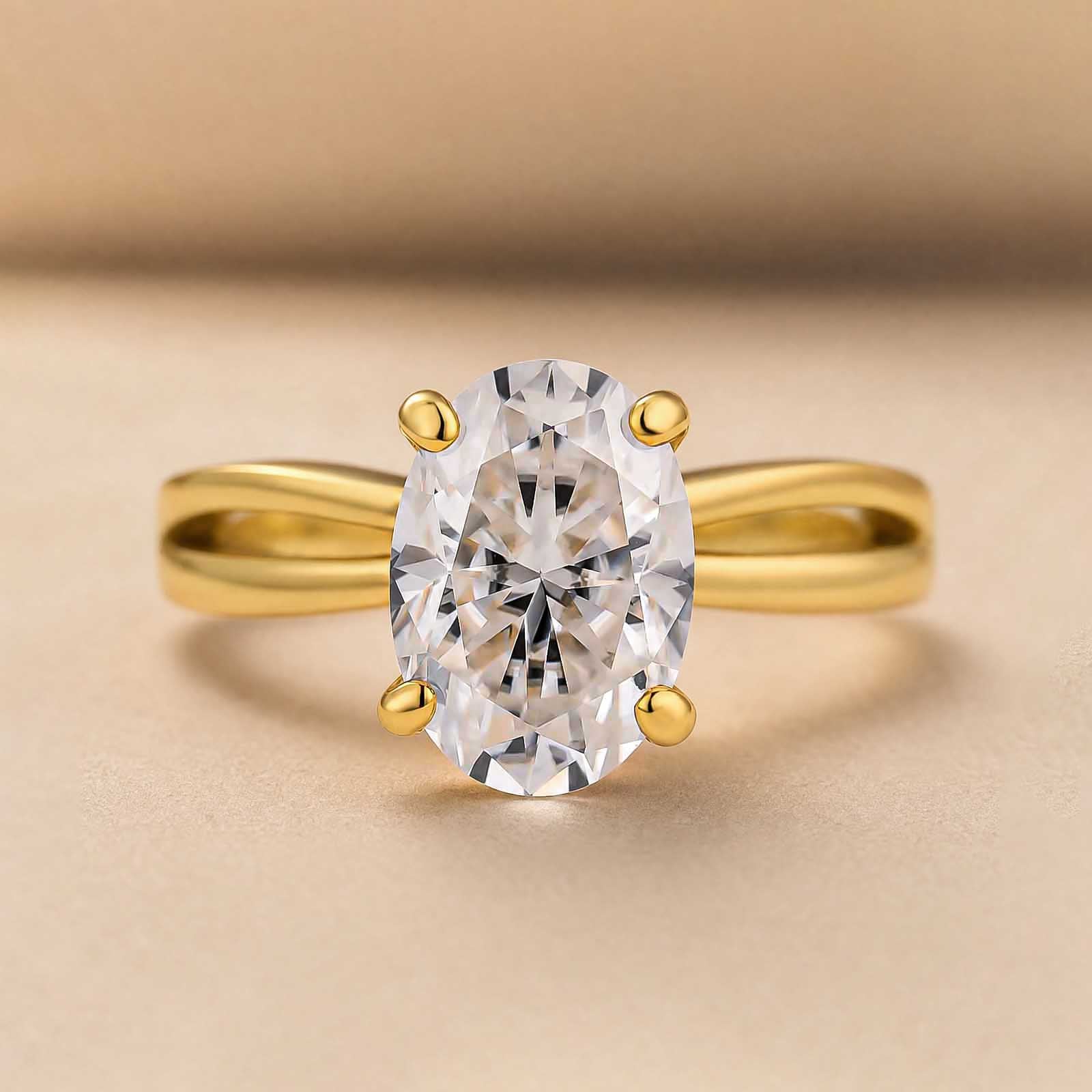 S925 Moissanite 2.5Ct Oval Cut Twist Split Shank 18K Yellow Gold Plated Engagement Ring