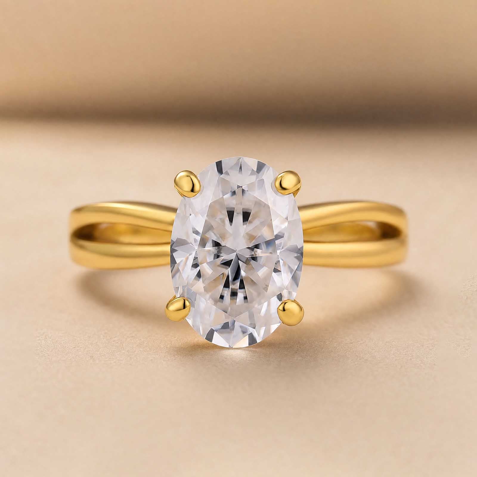 S925 Moissanite 2.5Ct Oval Cut Twist Split Shank 18K Yellow Gold Plated Engagement Ring