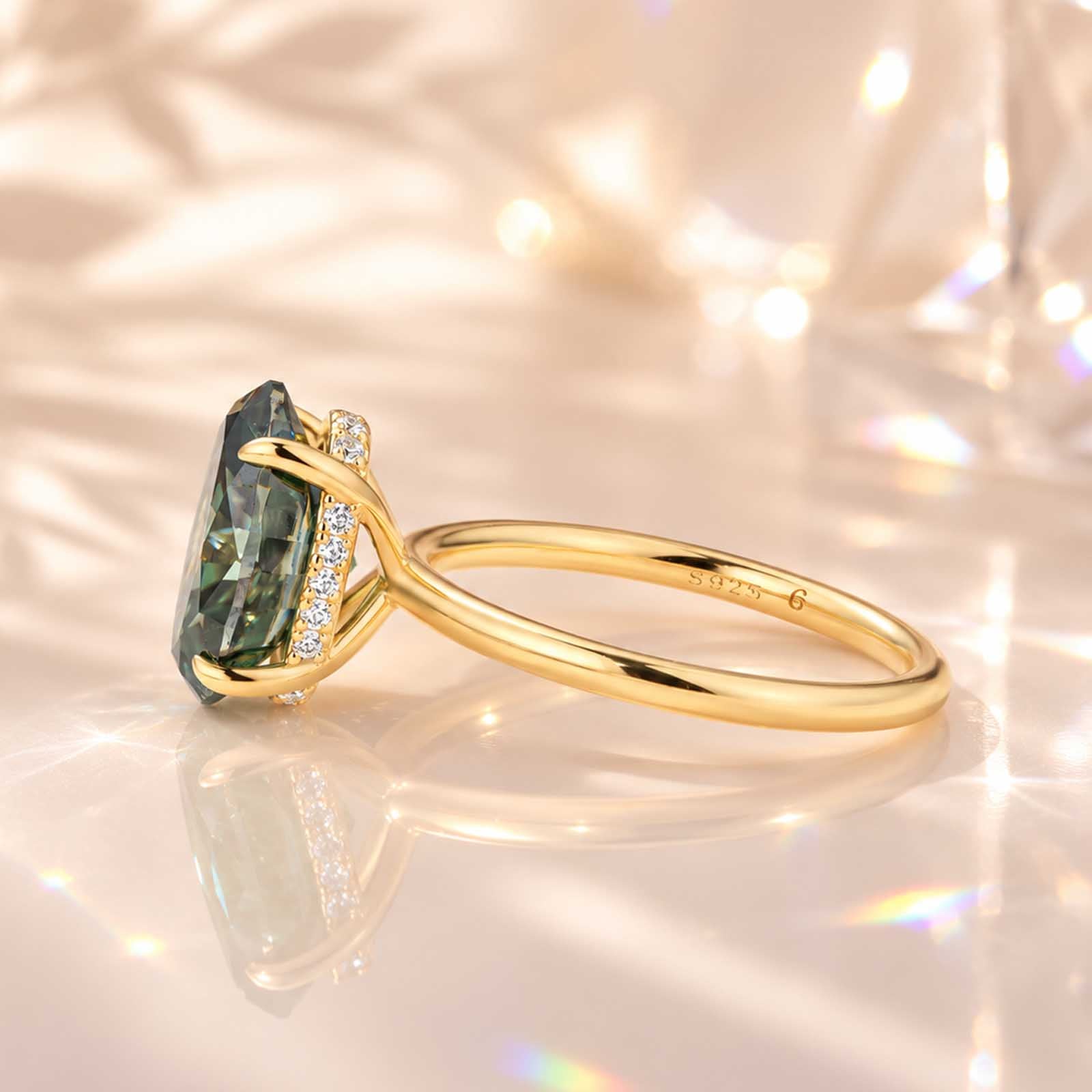 Moissanite 3.0Ct Green Oval Hidden Halo Solitaire Nature-Inspired Ring