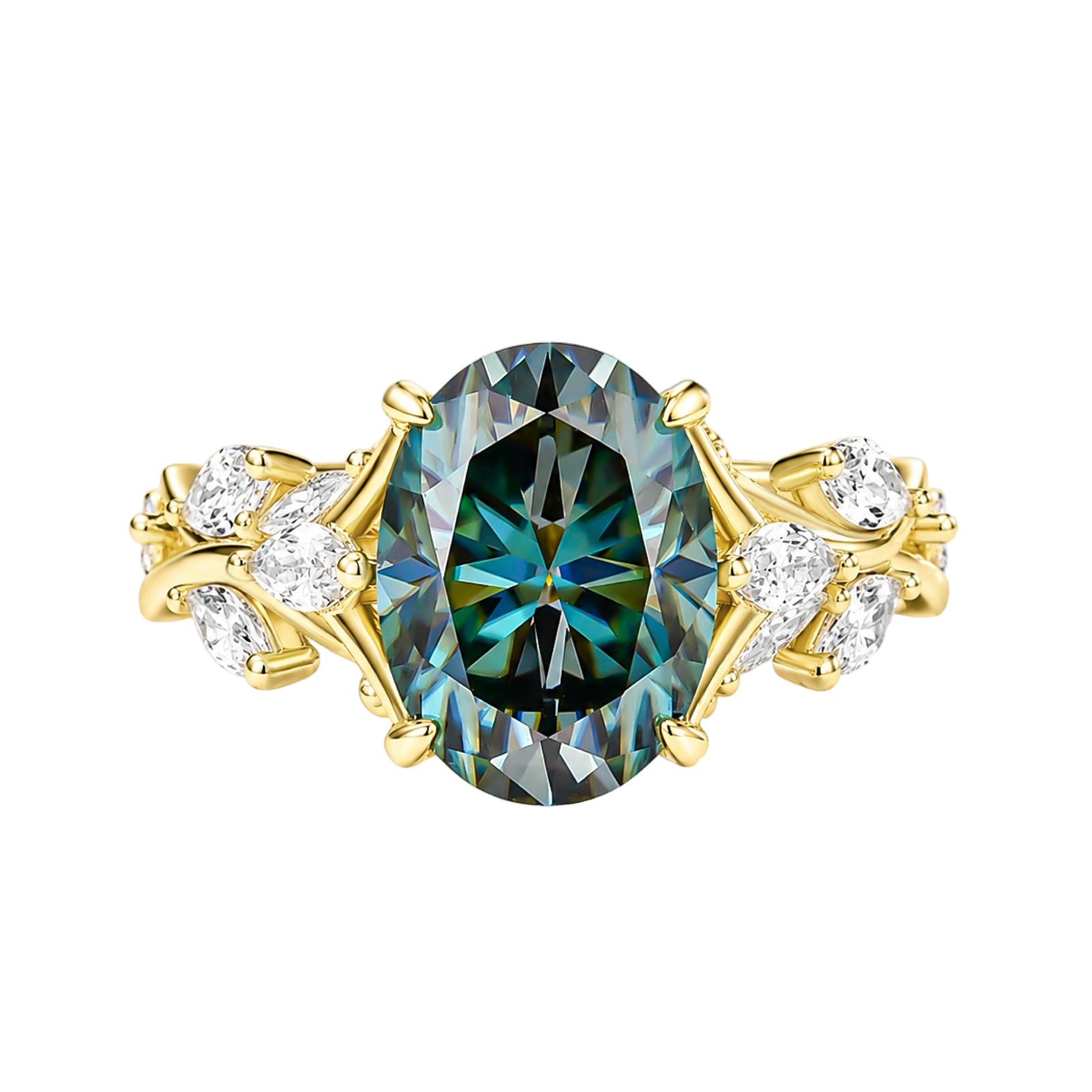 S925 Moissanite 3.5 Oval Vine Green Stone Nature-Inspired Ring For Daily Wear