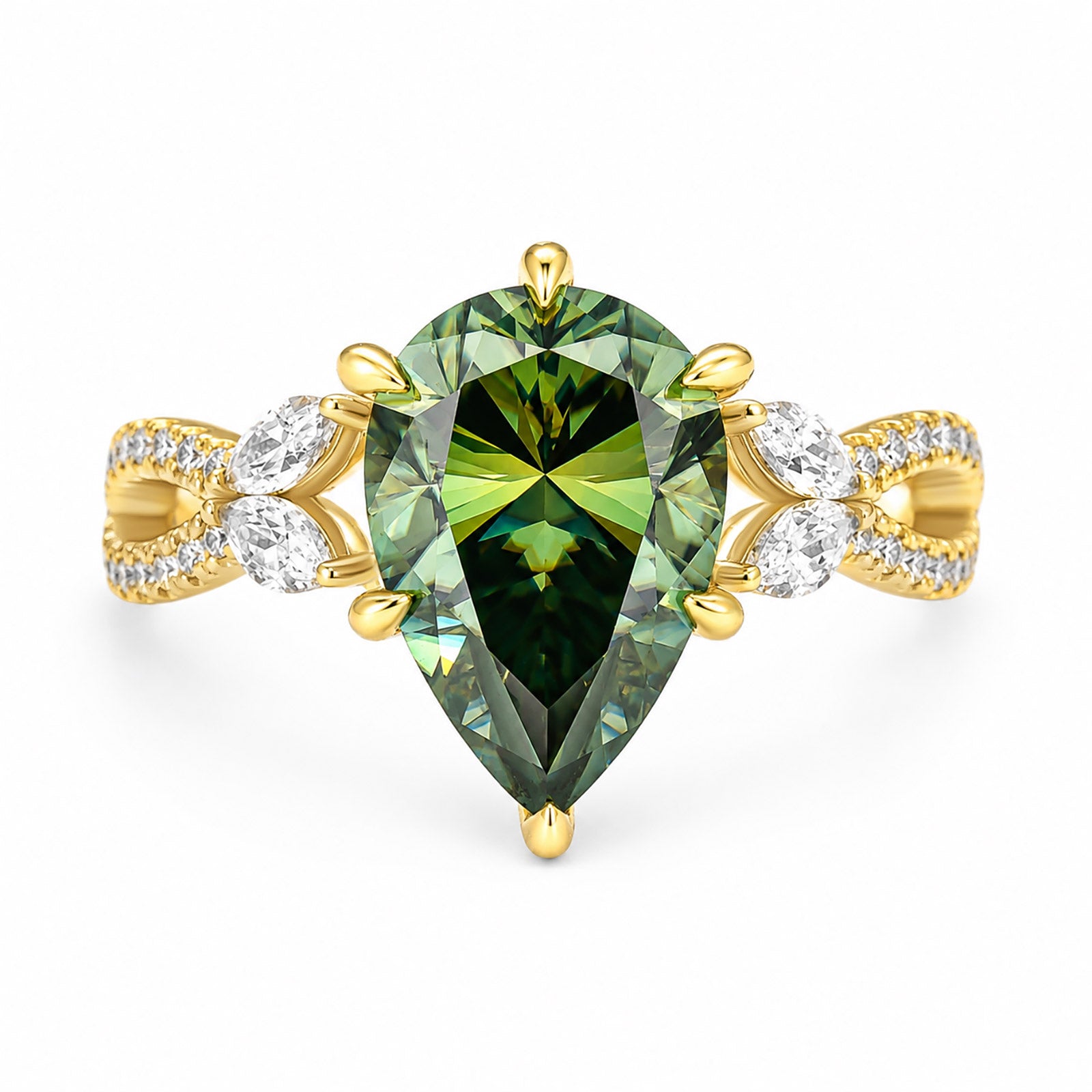 S925 Moissanite 3.5Ct Split Shank Floral Green Stone Engagement Ring Everyday Wearable Ring