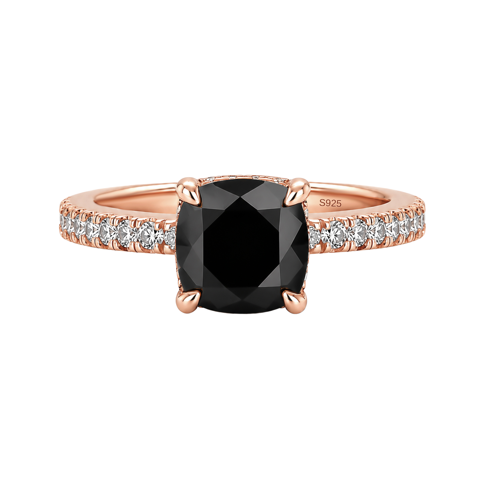 S925 Moissanite 2.0Ct Cushion Cut Chic Rose Gold Plated Blackstone Paving Band Travel Ring