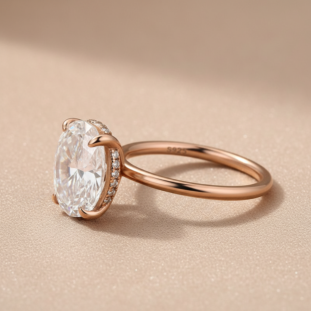 S925 Moissanite 4.0 Ct Oval Cut Rose Gold Promise Ring For Women