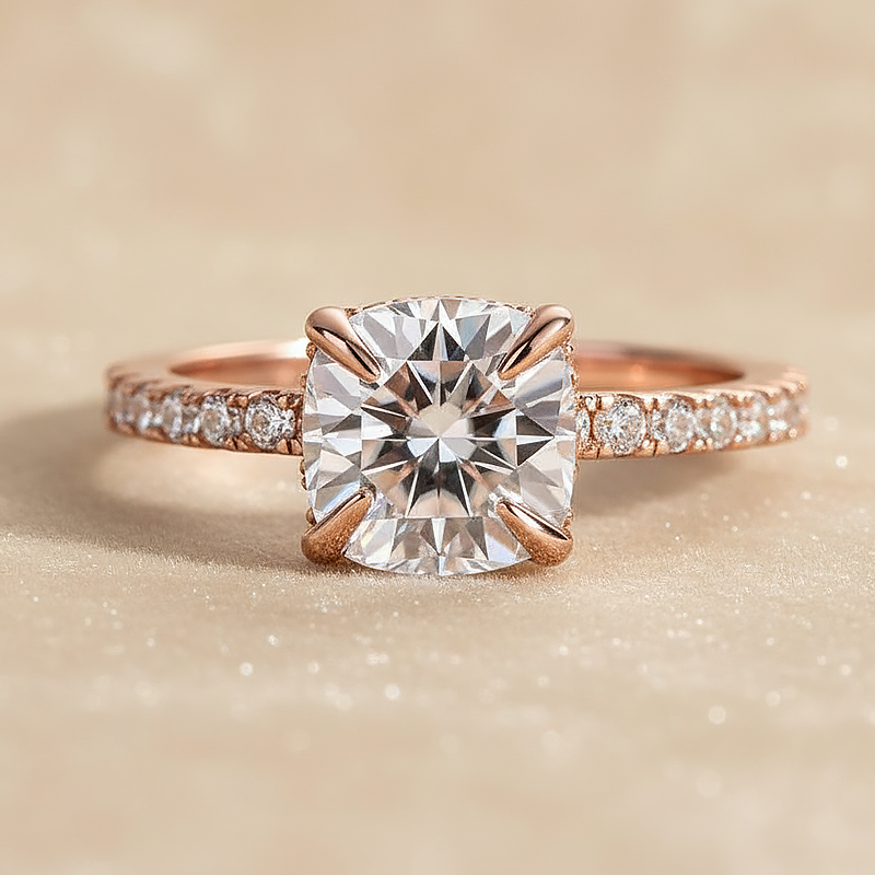 S925 Moissanite 2.0 Ct Square Cushion Rose Gold Bridal Ring