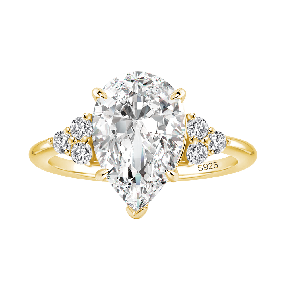 Gelovely Moissanite 3.0 Ct Pear Cut Yellow Gold Engagement Ring with Round Cut Side Stone