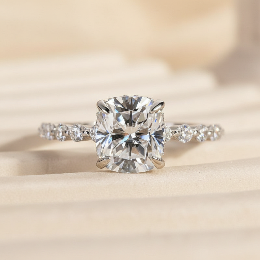 S925 Moissanite 2.0 Ct White Gold Cushion Cut Bridal Ring