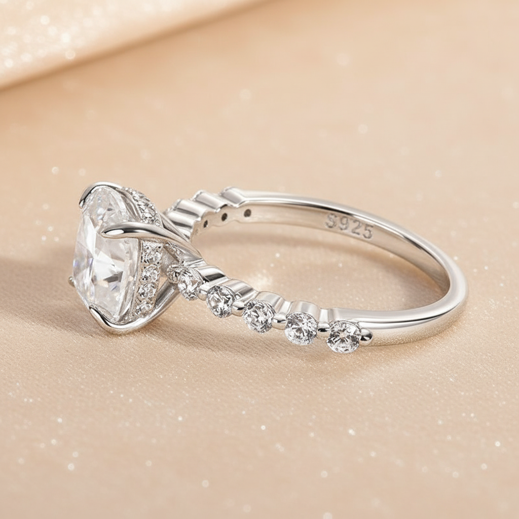 S925 Moissanite 2.0 Ct White Gold Cushion Cut Bridal Ring