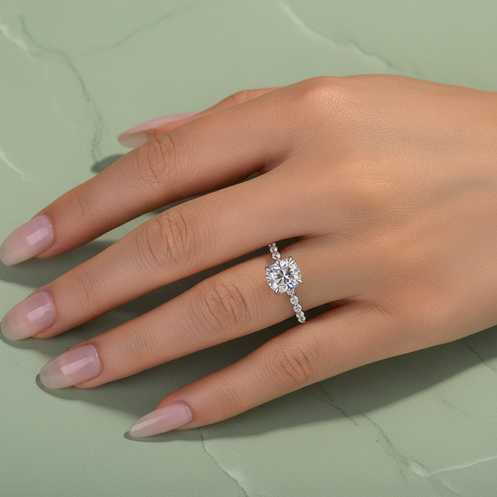 S925 Moissanite 2.0 Ct White Gold Cushion Cut Bridal Ring