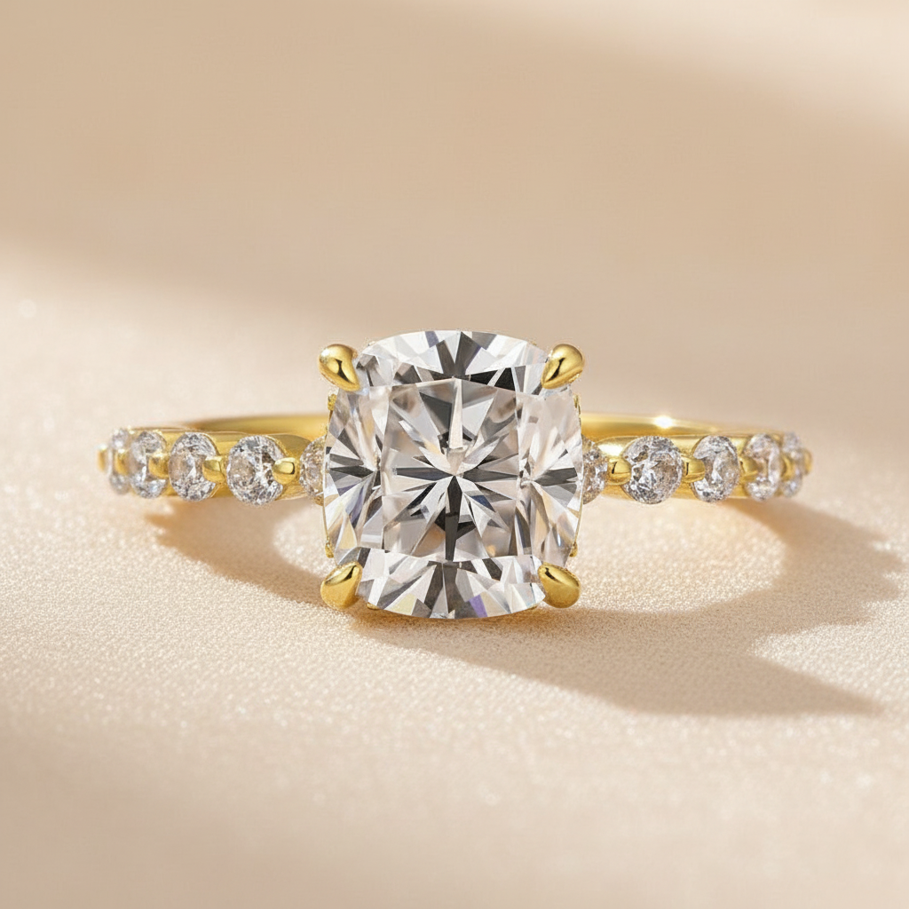 S925 Moissanite 2.0 Ct Yellow Gold Cushion Cut Bridal Ring