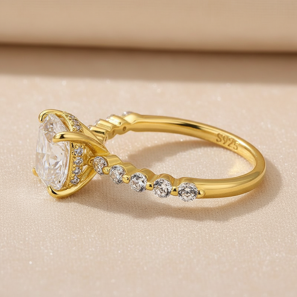 S925 Moissanite 2.0 Ct Yellow Gold Cushion Cut Bridal Ring