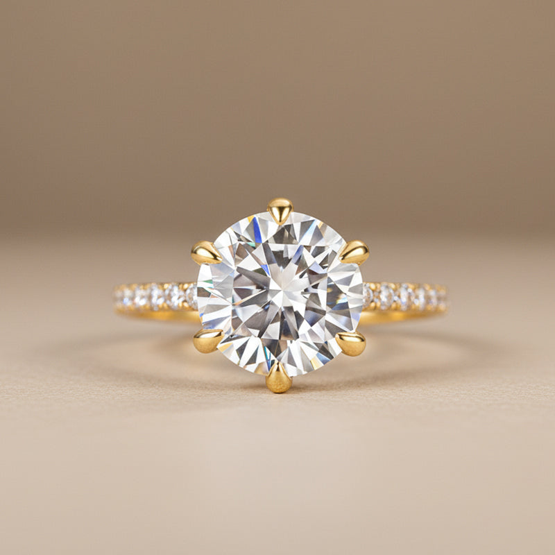 Gelovely Moissanite 3.0 Ct ~4.0 Ct Round Cut 6 Prong Yellow Gold Promise Ring