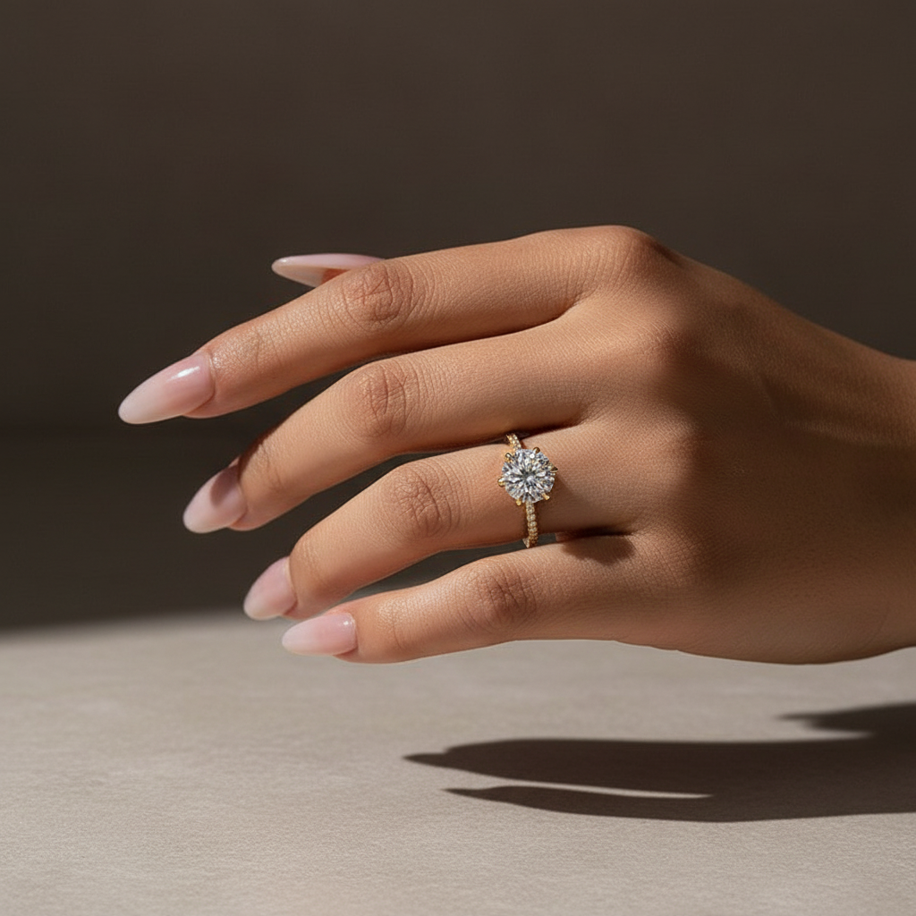 Gelovely Moissanite 3.0 Ct ~4.0 Ct Round Cut 6 Prong Yellow Gold Promise Ring