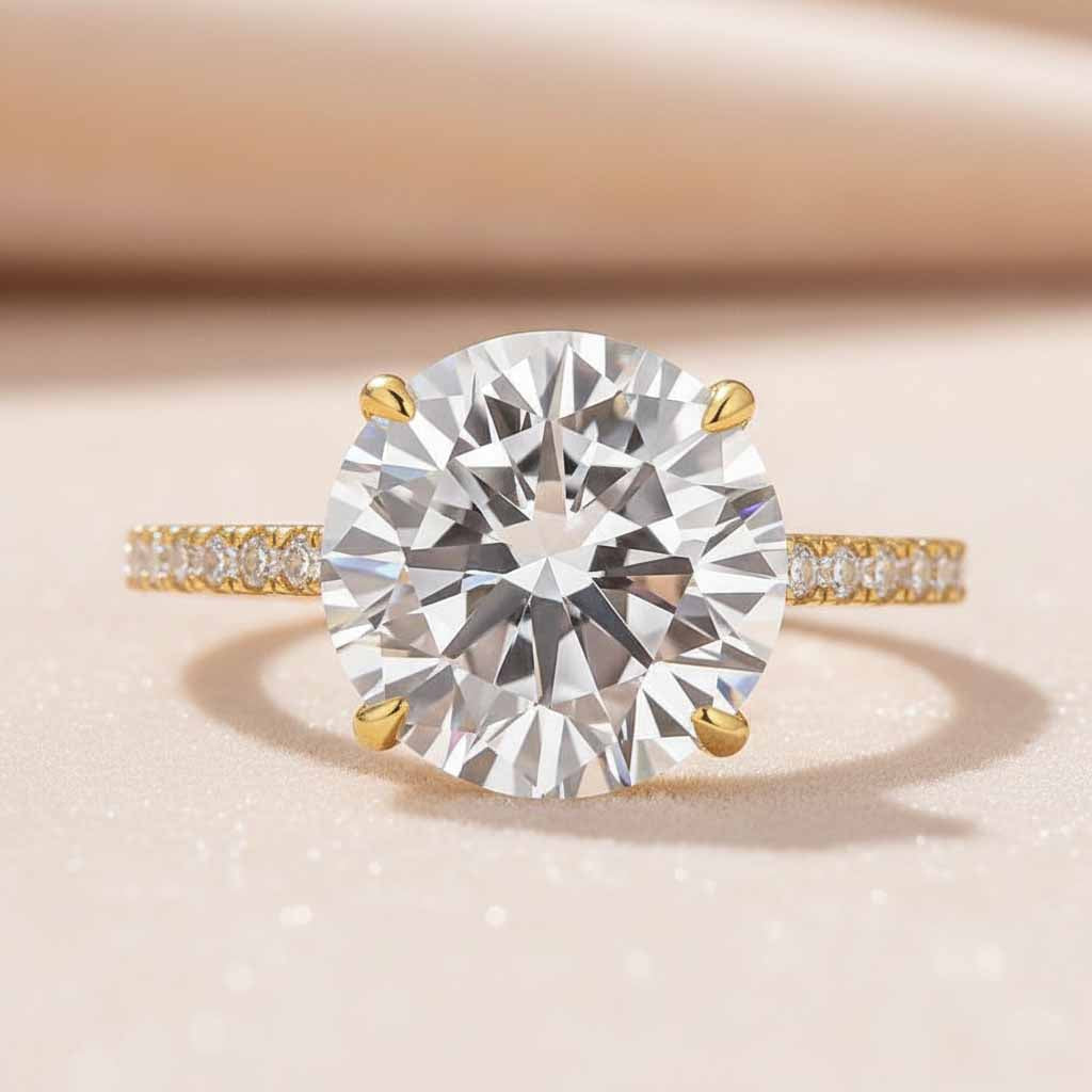 Gelovely Moissanite 4.0 Ct Round Yellow Gold Engagement Ring