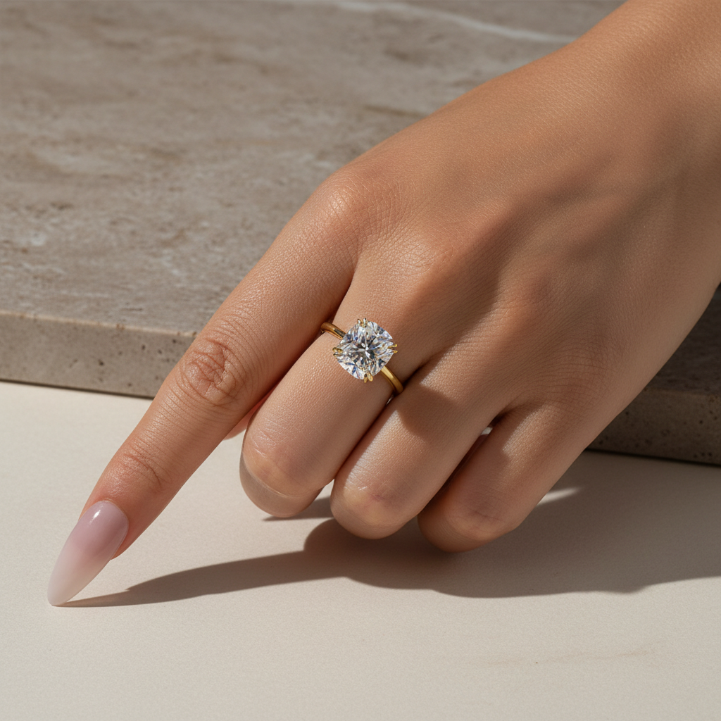 Gelovely Moissanite 4.5 Ct Cushion Cut Yellow Gold Engagement Ring