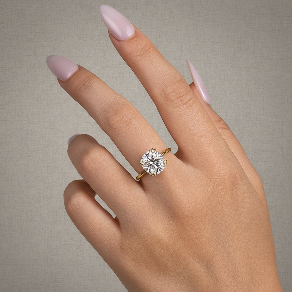 Gelovely Moissanite 4.5 Ct Cushion Cut Yellow Gold Engagement Ring