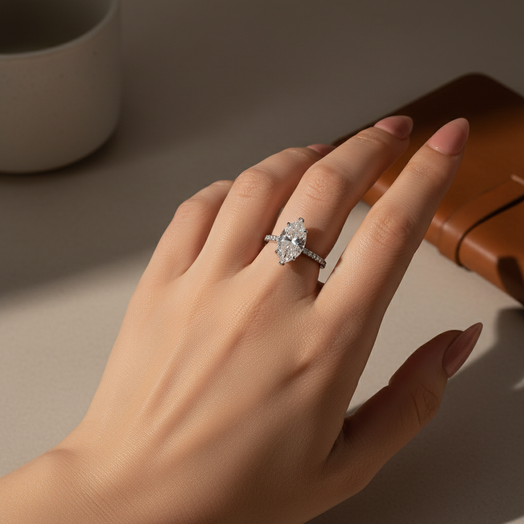 Gelovely Moissanite 1.0Ct～4.0 Ct Marquise Cut White Gold Half-Coverage Engagement Ring