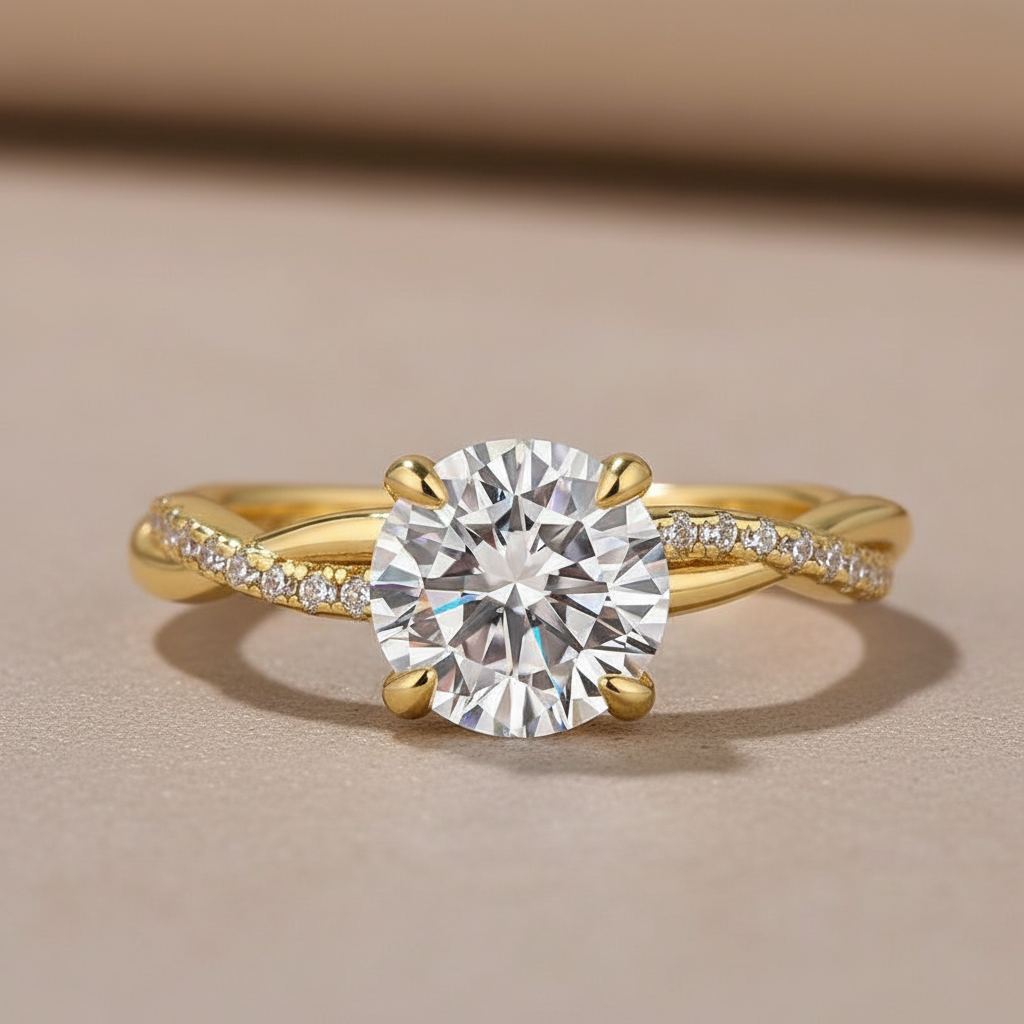 Moissanite 1.2 Ct~2.0 Ct Twist Yellow Gold Pave Promise Bridal Ring