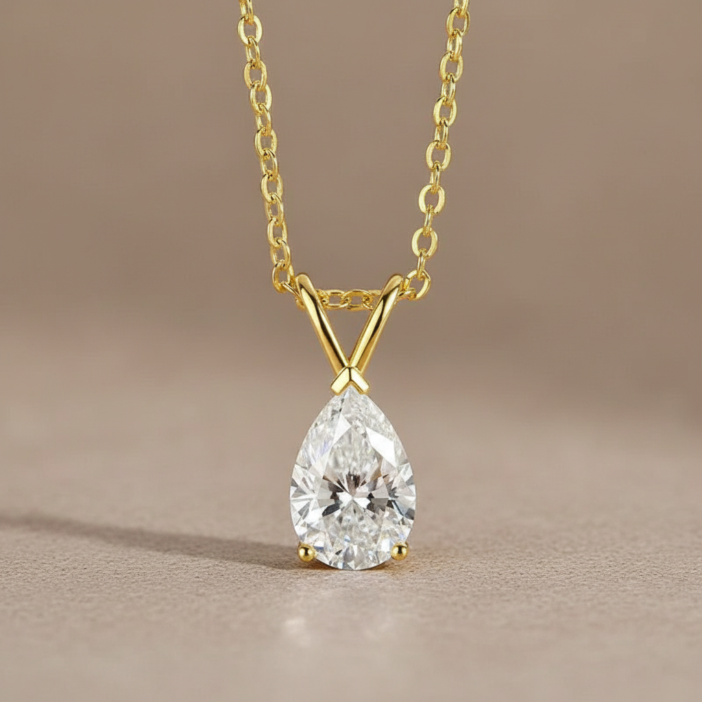 Gelovely Moissanite 1.5 Ct Pear Cut Yellow Gold Pendant Necklace