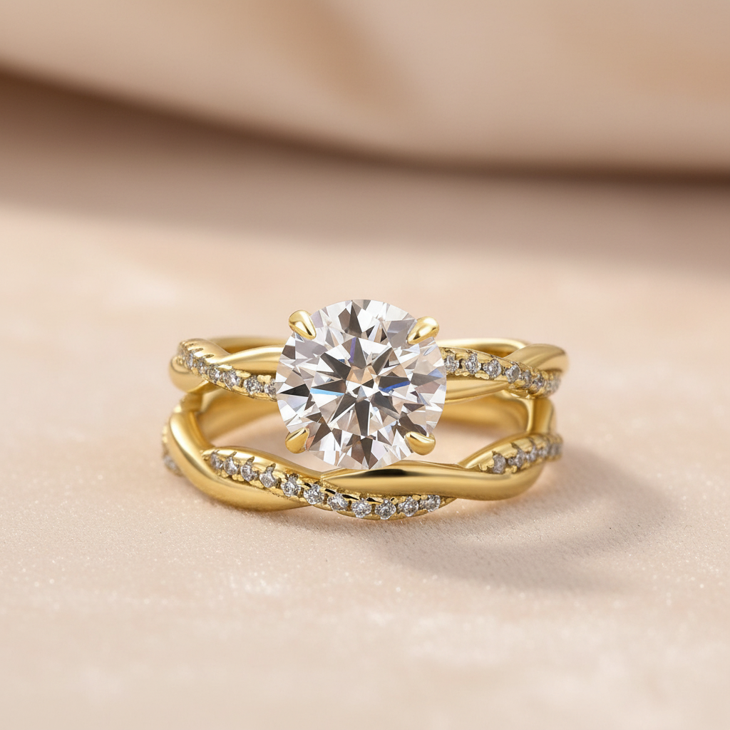 Gelovely Moissanite 2.0 Ct Twist Yellow Gold Pave Wedding Ring Set