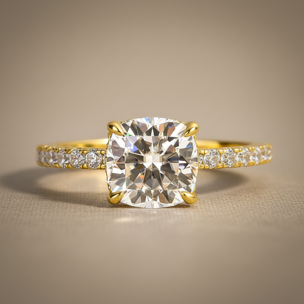 Gelovely Moissanite 2.0 Ct～2.5 Ct Square Cushion Yellow Gold Promise Ring