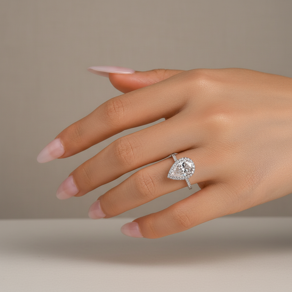 Gelovely Moissanite 2.5 Ct Pear Cut Halo Engagement Ring For Women